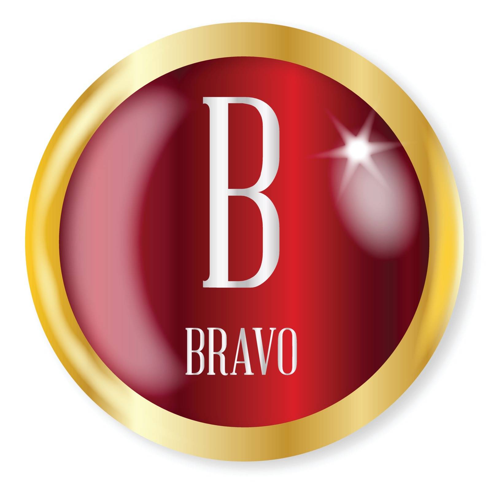 B for Bravobutton from the NATO phonetic alphabet with a gold metal circular border over a white background