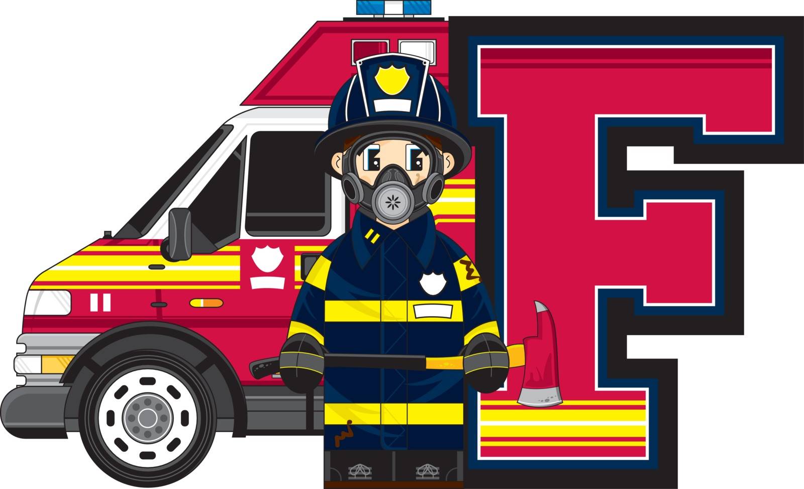 Cute Cartoon F is for Fireman with Fire Engine Alphabet Learning Illustration - by Mark Murphy Creative