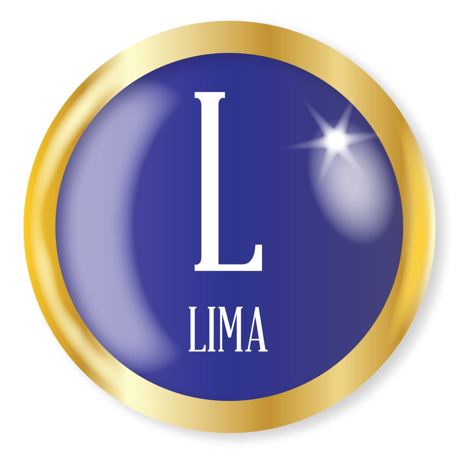 L for Lima button from the NATO phonetic alphabet with a gold metal circular border over a white background