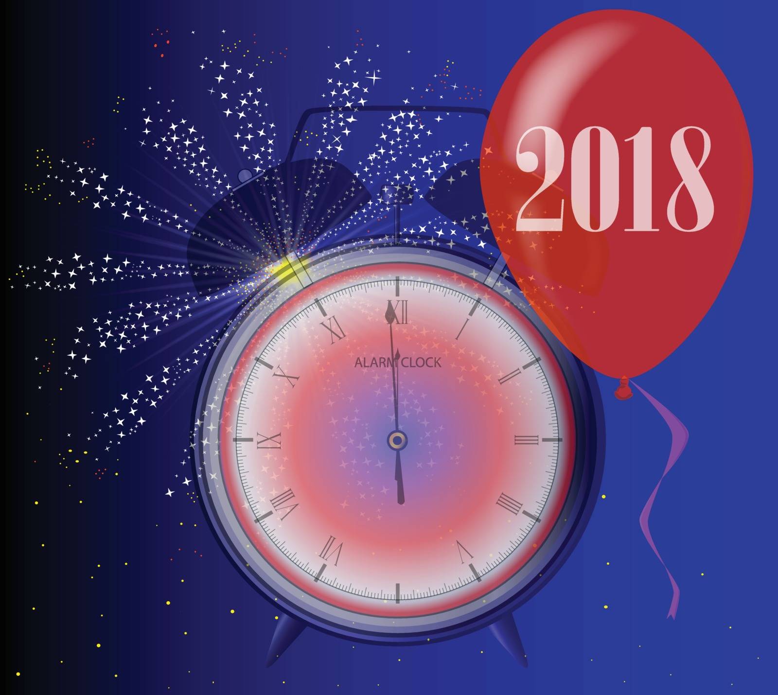 A 2018 midnight clock with balloon and firework explosion.