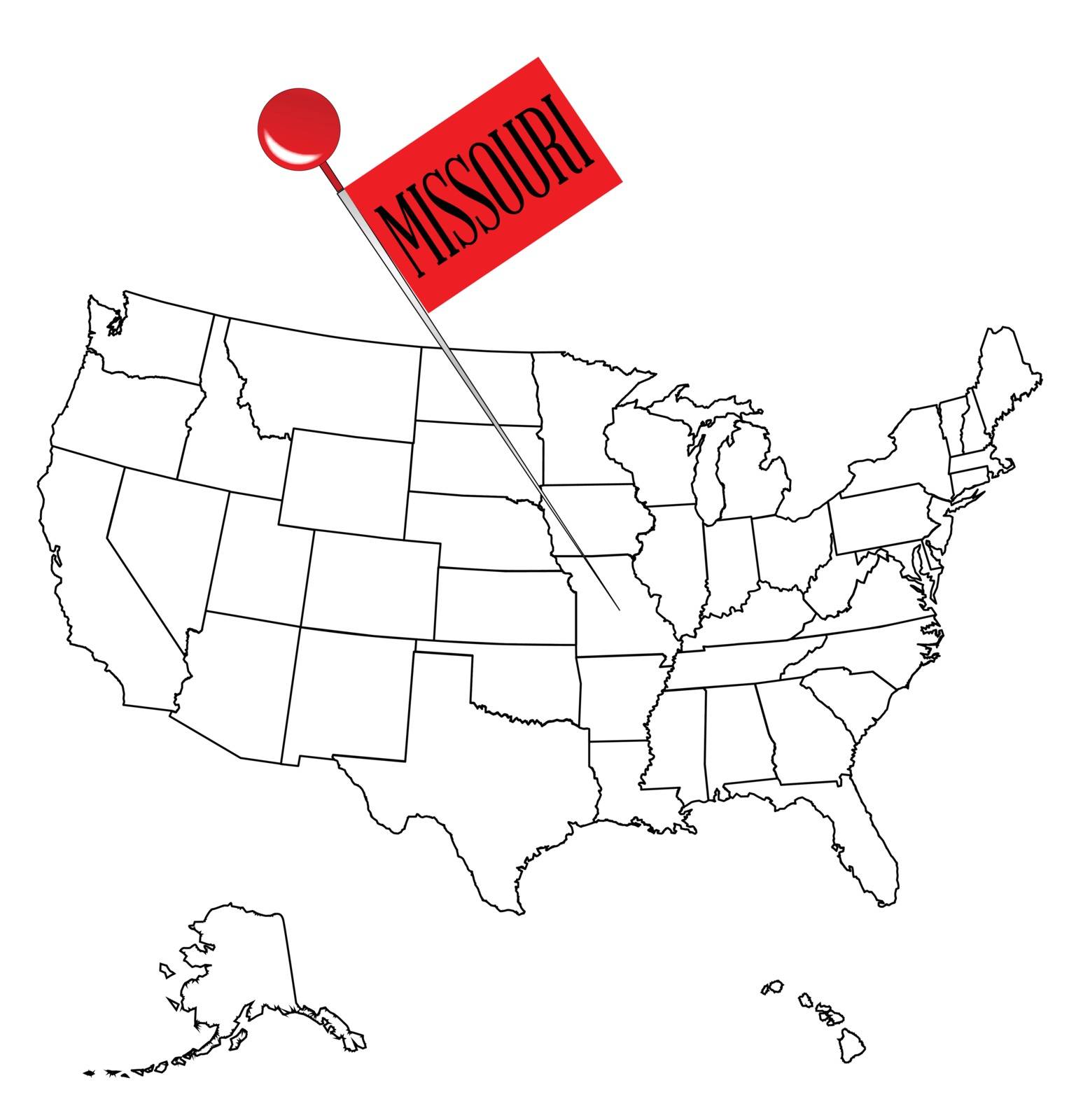 An outline map of USA with a knob pin in the state of Missouri