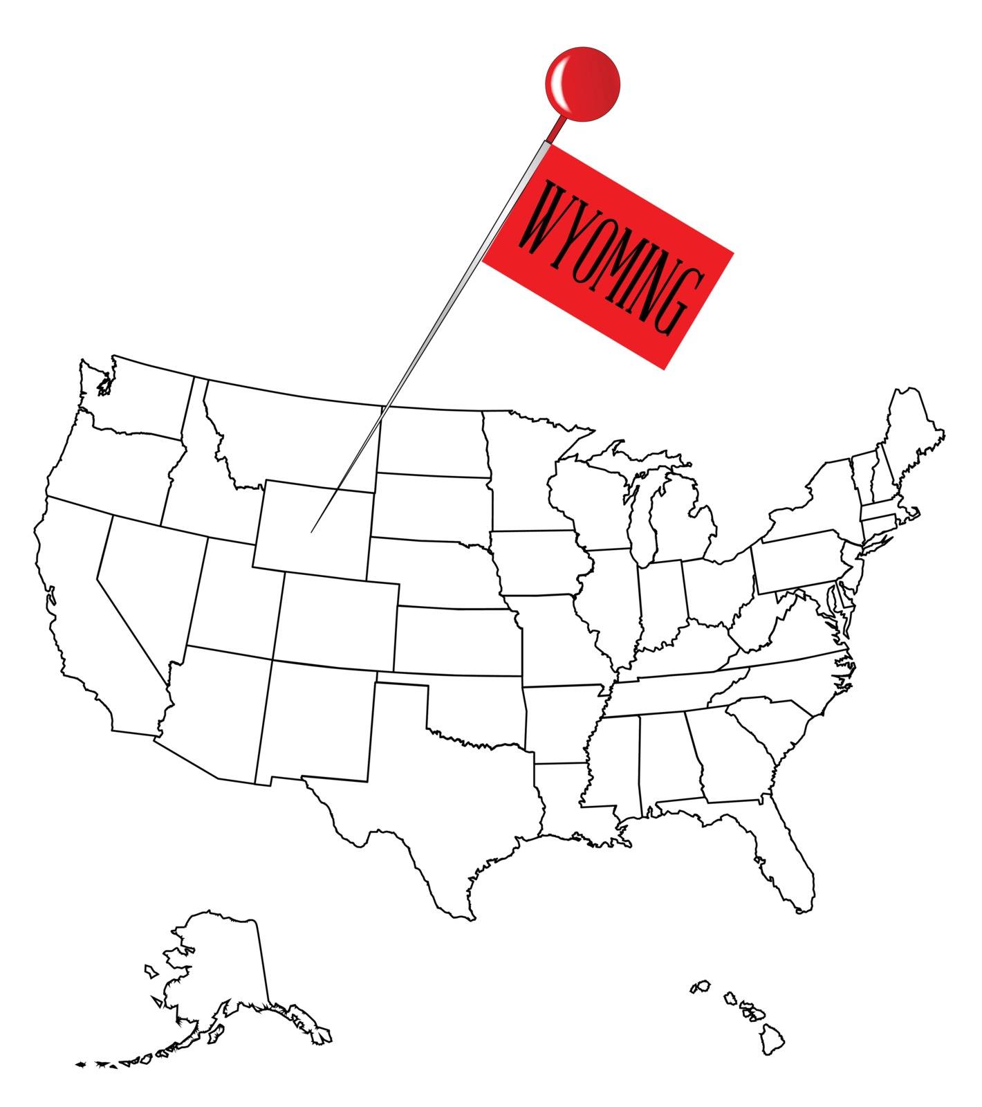 An outline map of USA with a knob pin in the state of Wyoming