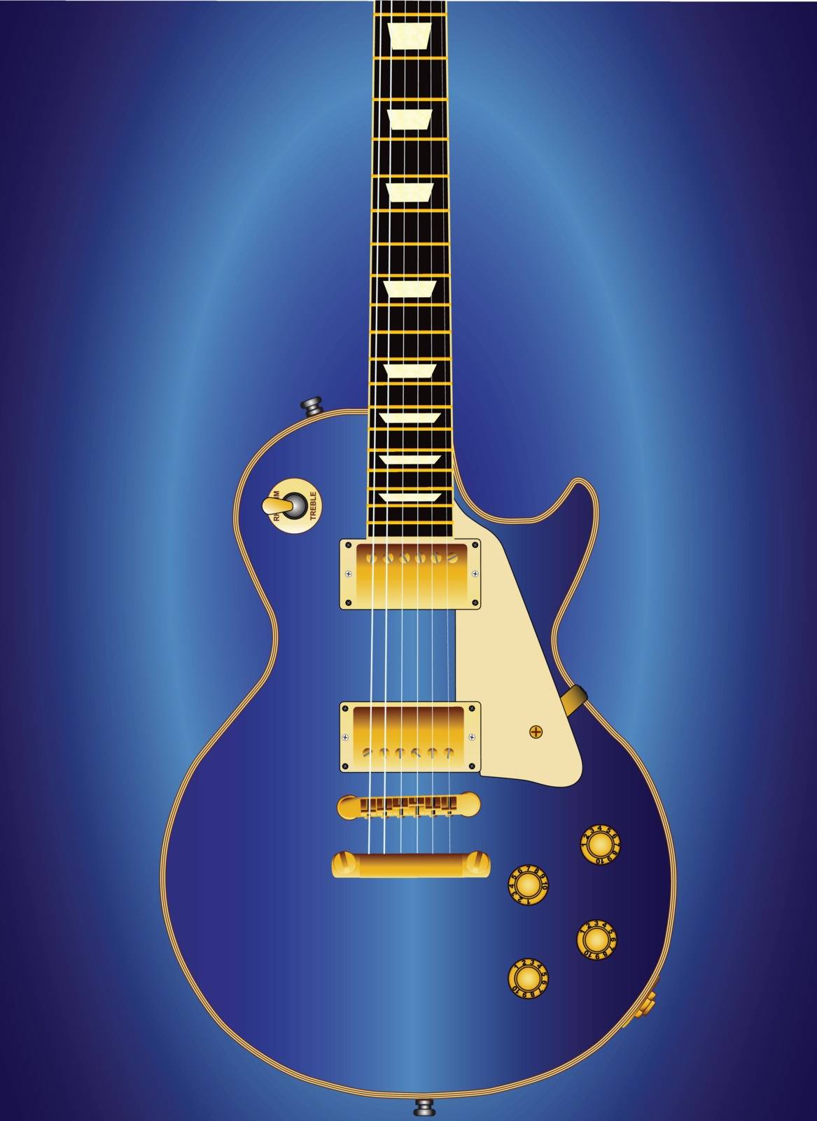 A blue solid electric guitar set on a blue background