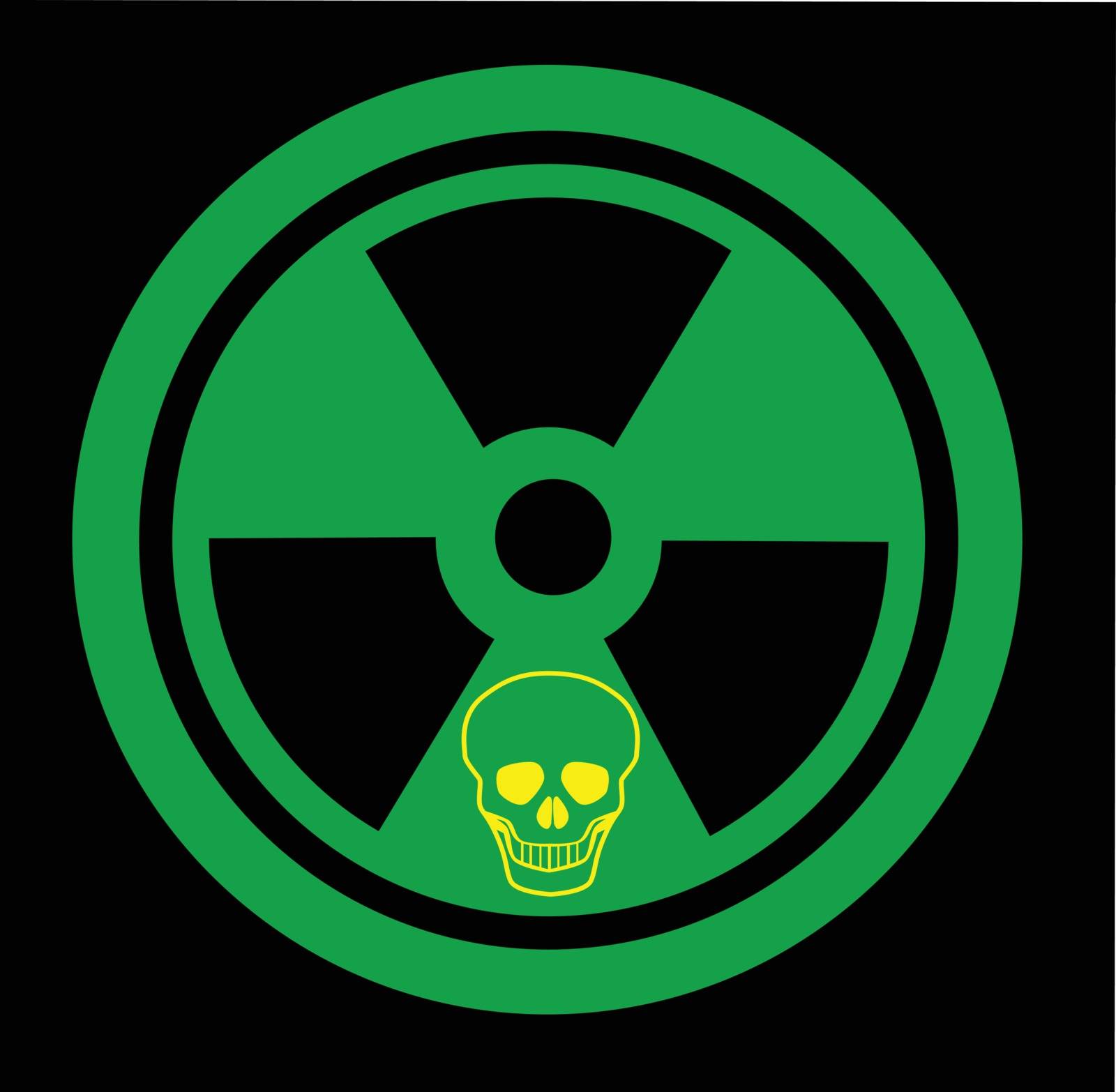Radiation sign with small skull outline