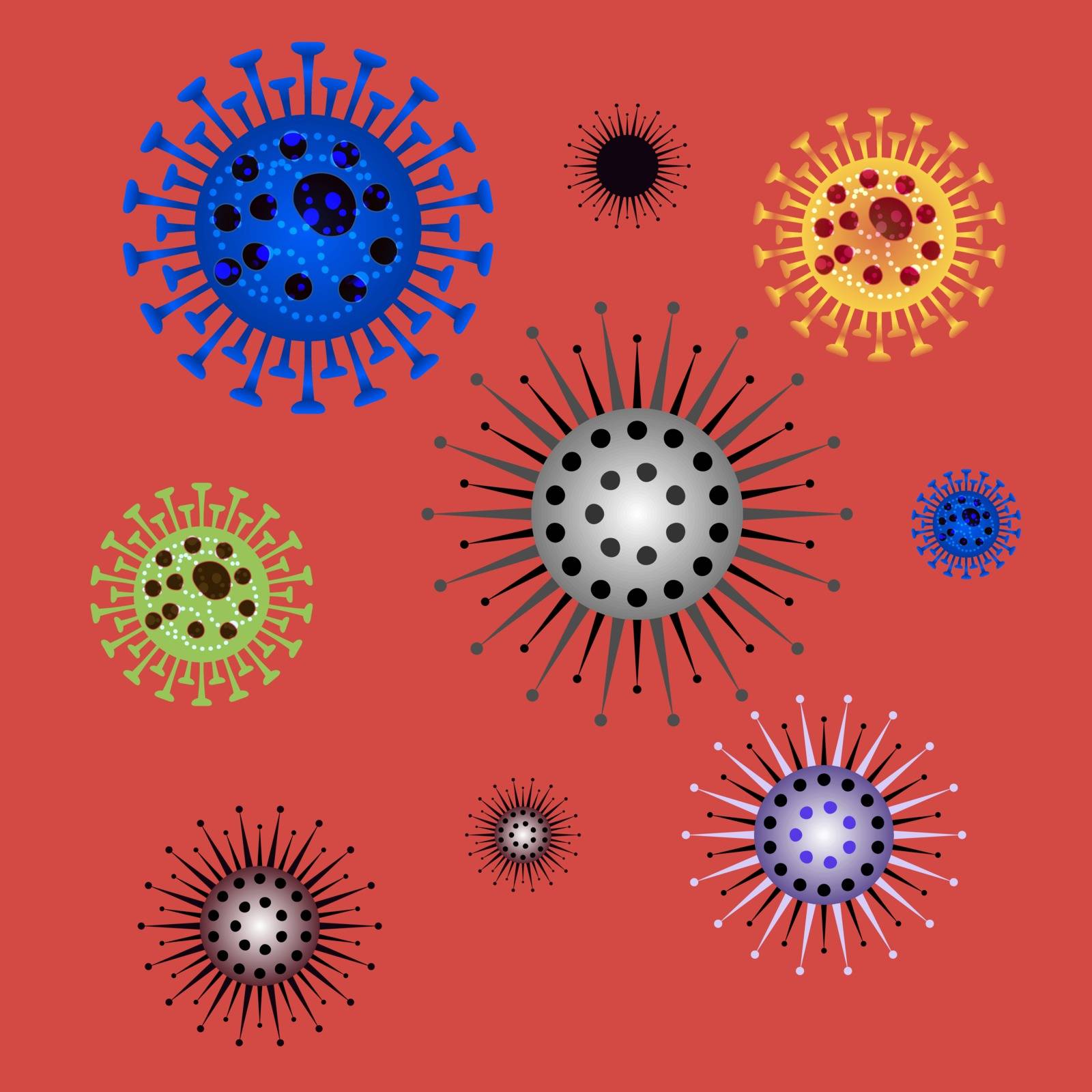Coronavirus reproduction. Various modifications of viral strains. Pandemic concept with dangerous cells. Chinese Quarantine 2019-nCoV. Pathogen pneumonia laboratory tests. Medical vector illustration