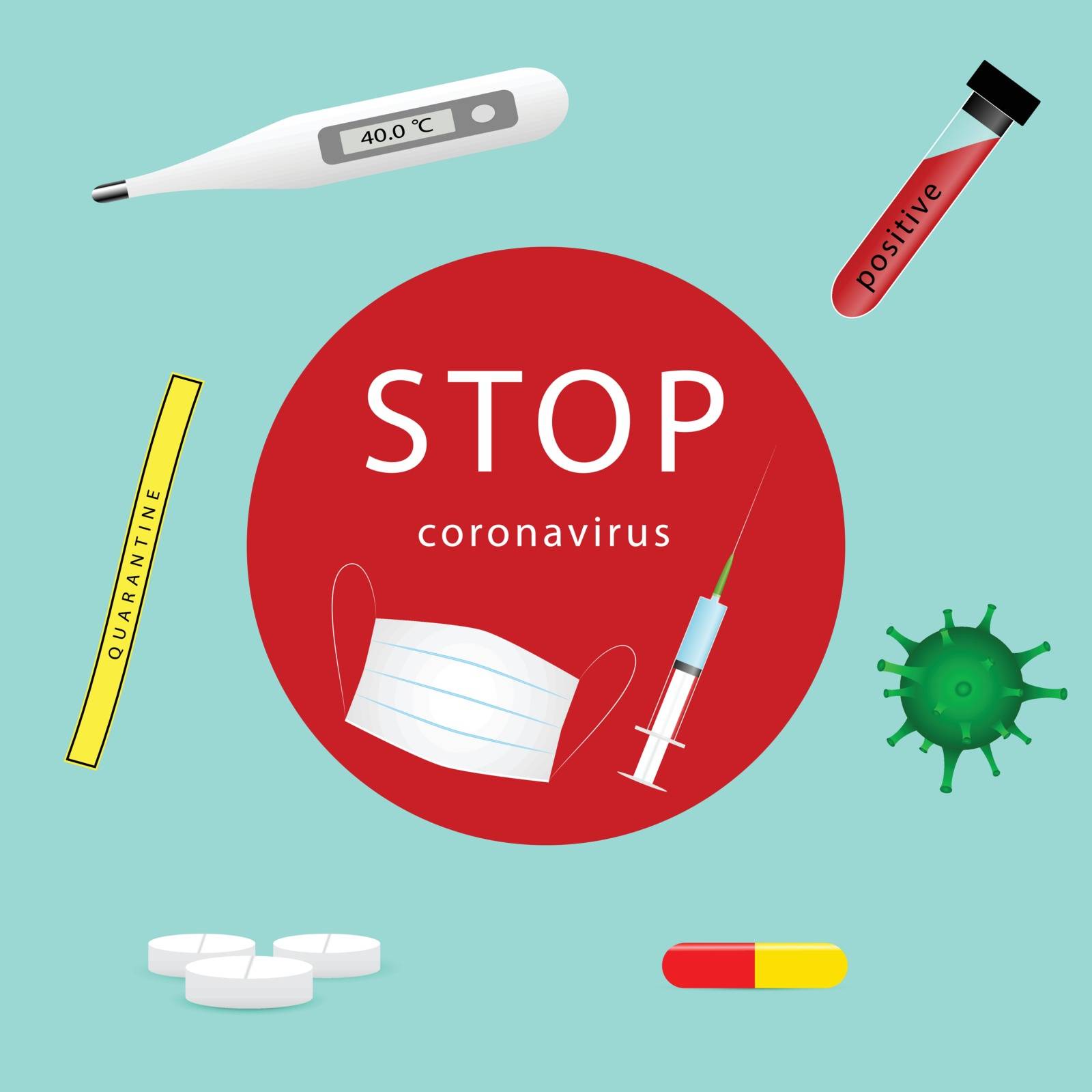 Coronavirus concept. It symbolizes the control of the epidemic. Stop text with protective mask, injection syringe. Around him thermometer, positive test, virus molecule, quarantine tape, medicines.