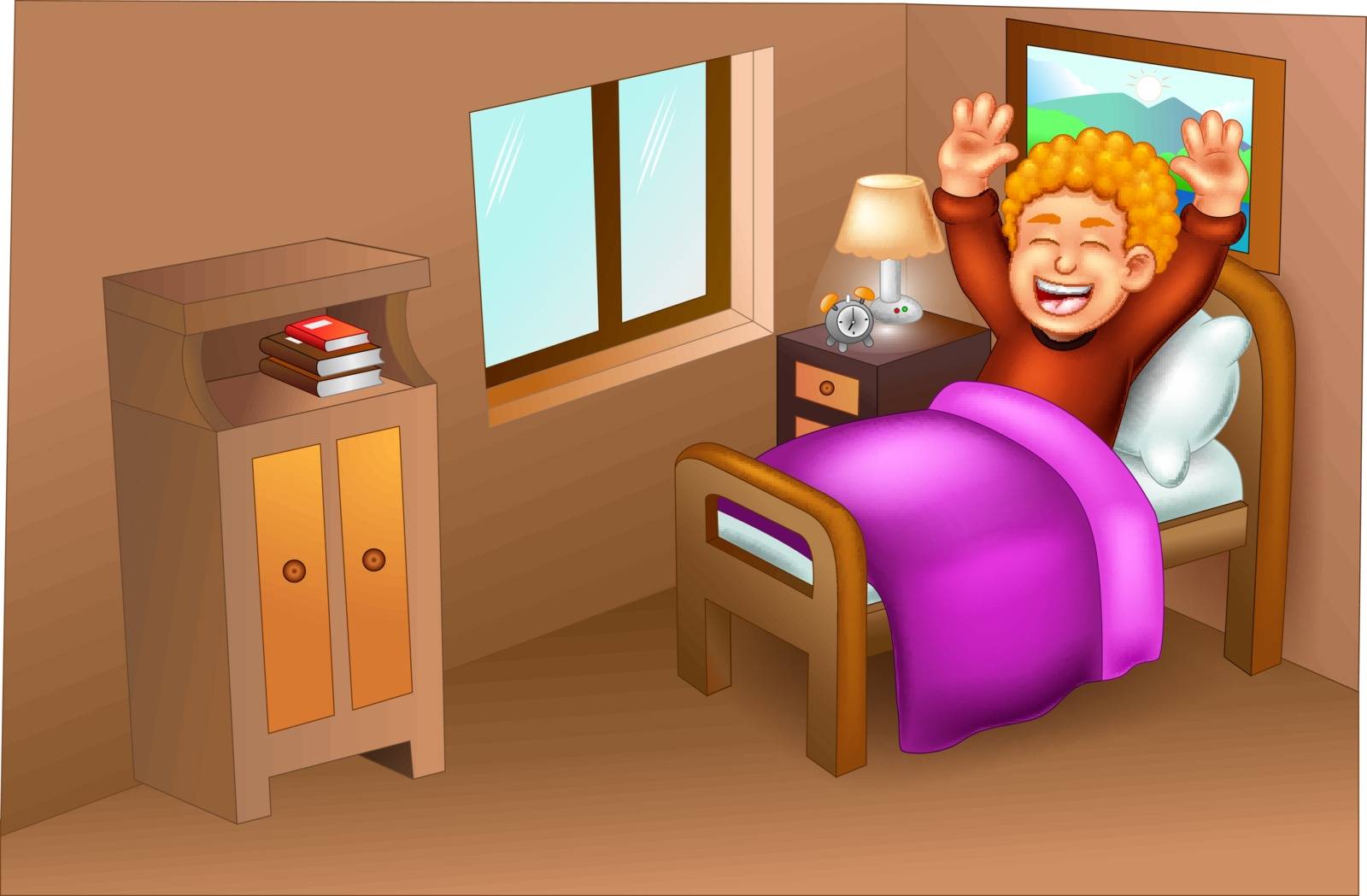 Boy Wake Up In Bedroom Cartoon by sujono