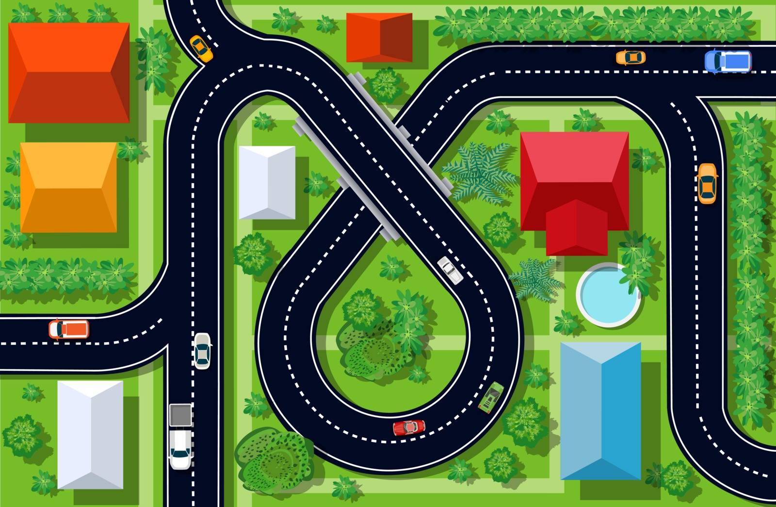 Top view of a highway junction and a traffic intersection in the city with houses, trees and streets