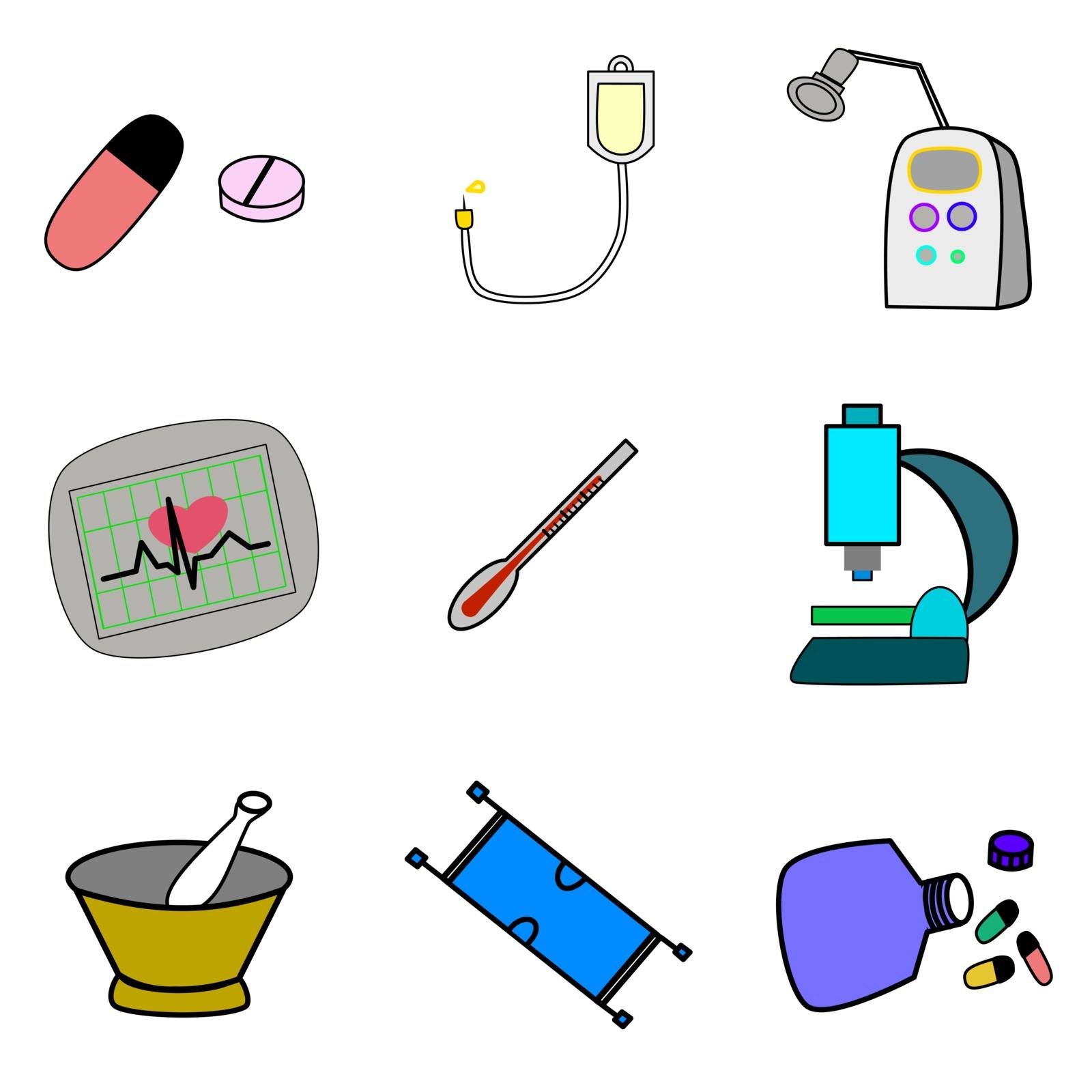 Hospital impotent equipment for patients diagnosis and treatment, ECG, microscope, ultrasound, medicine, mortar, thermometer and cradle on white background.