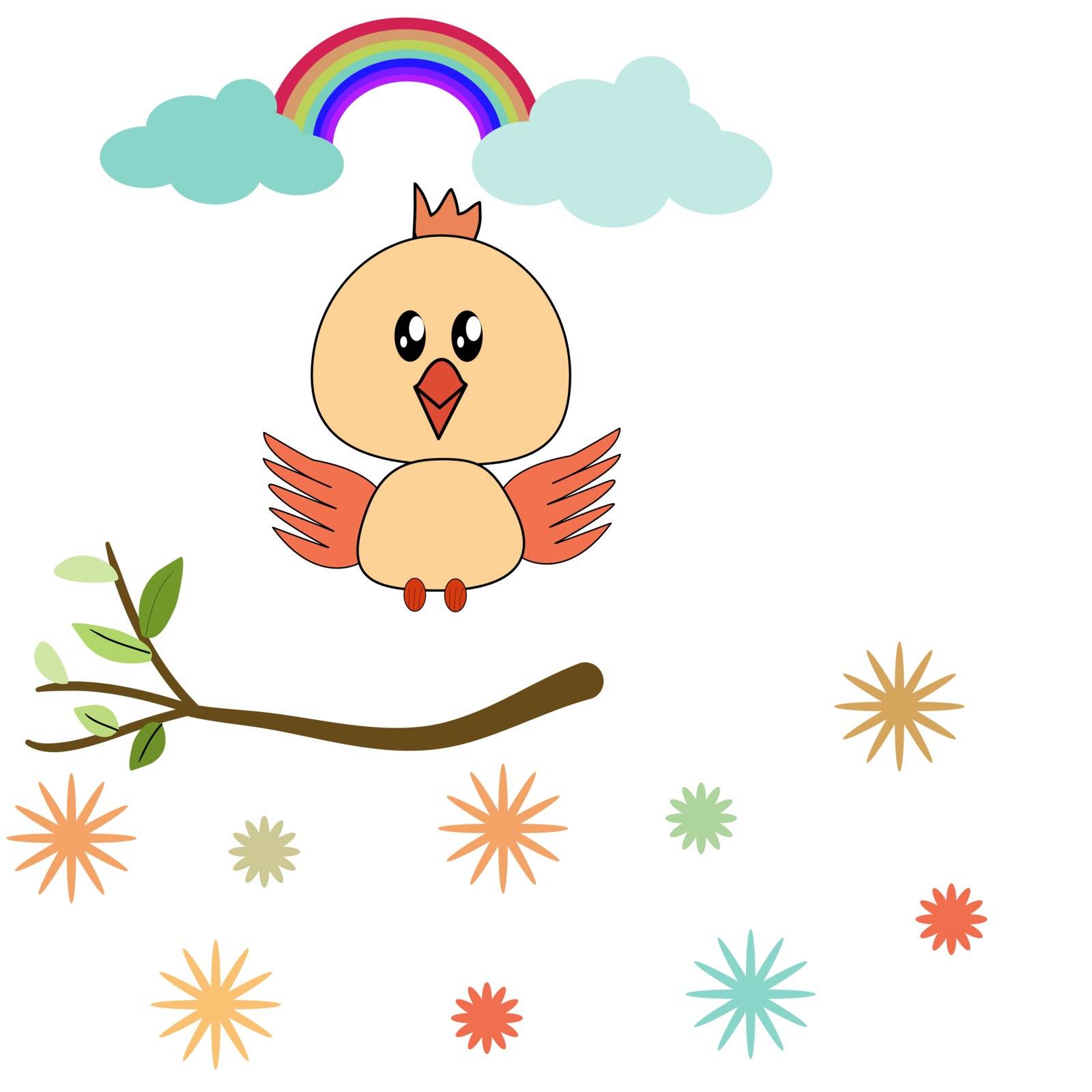 Happy bird flying to branch of tree and rainbow with blue cloud on sky and colorful flower on white background and copy space.