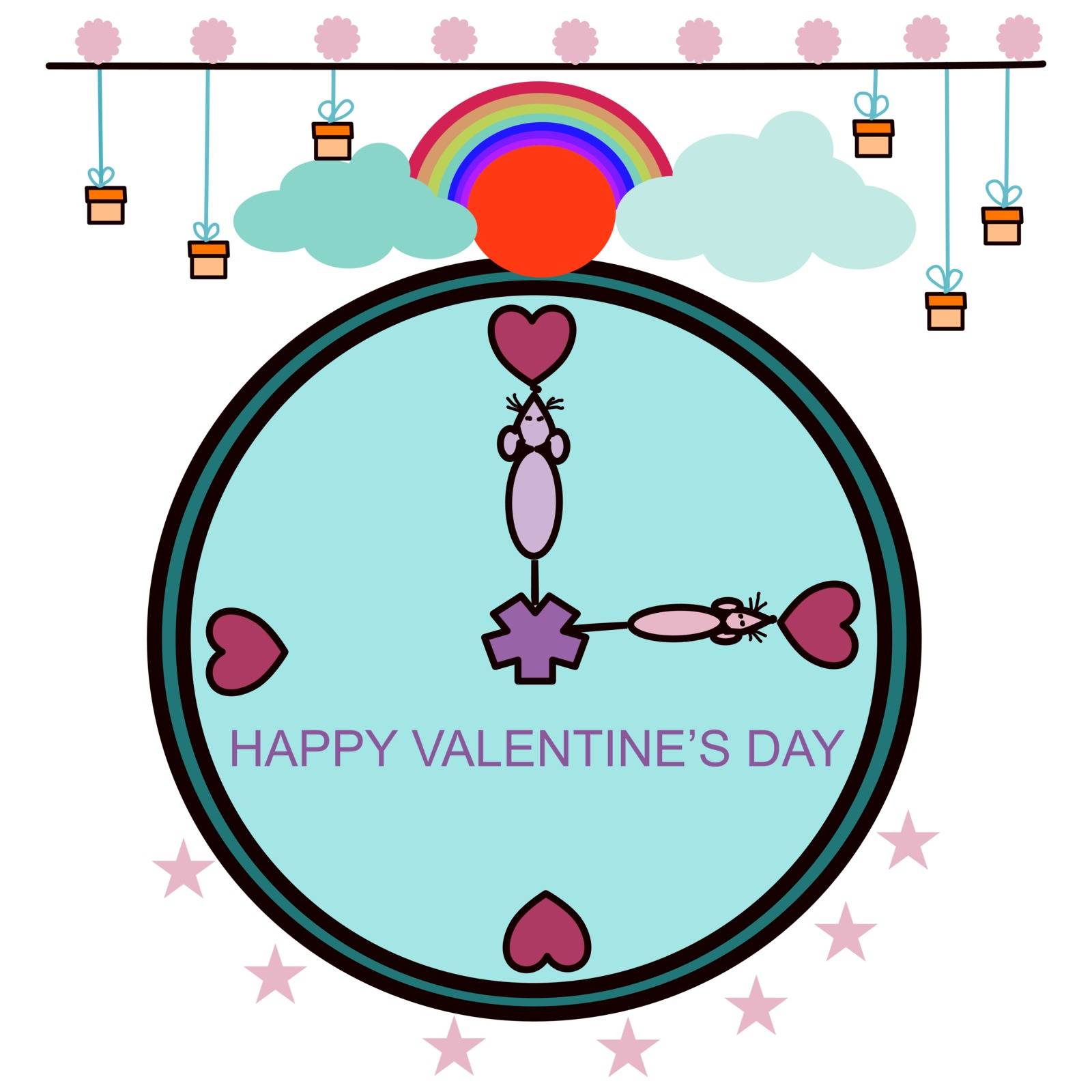 Happy valentine’s day have gift, rainbow, red sun, cloud and clock with mouse and heart on white background.