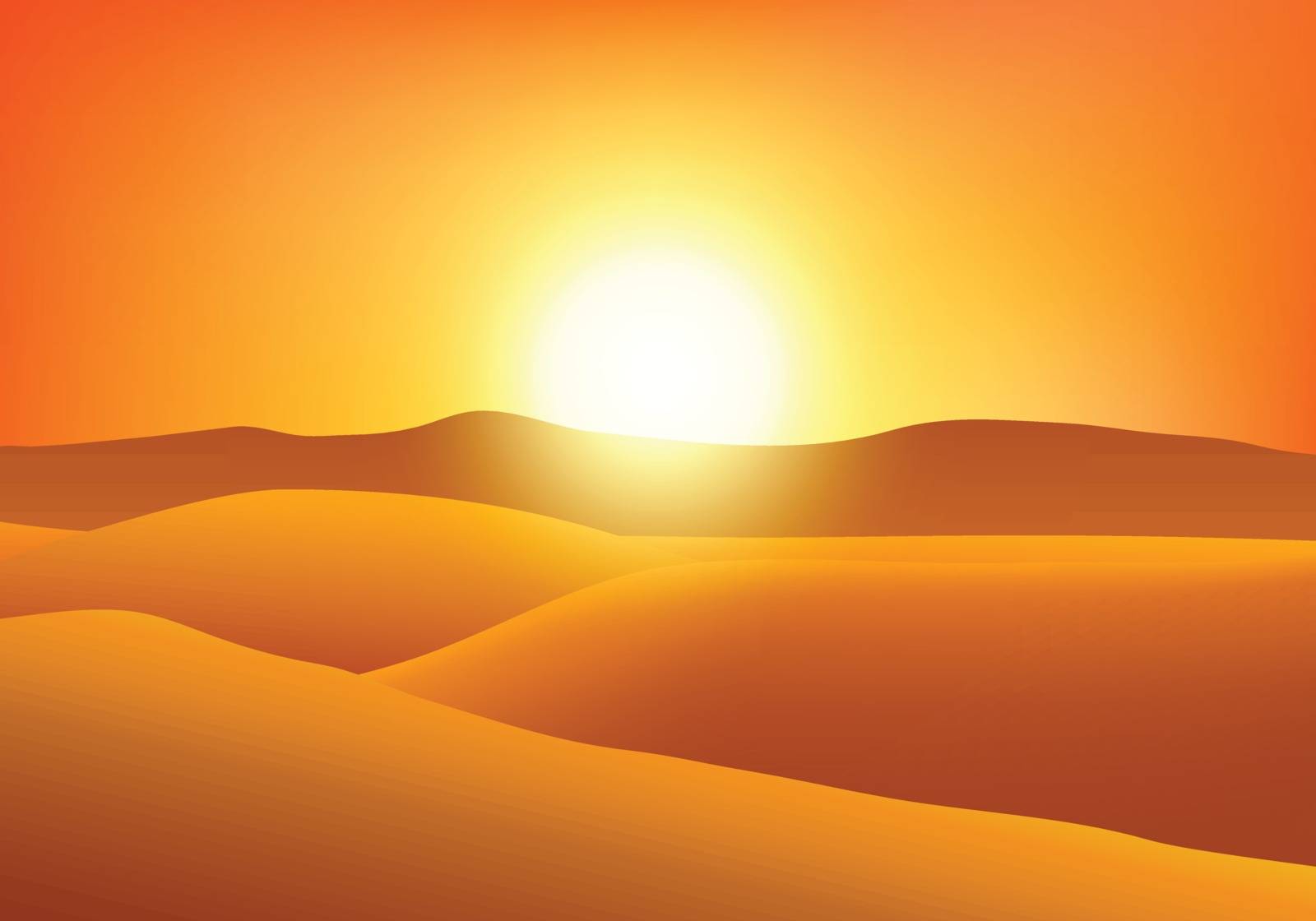 Desert at sunset with sand dunes, mountains in the background. Summer design in lush lava colors.