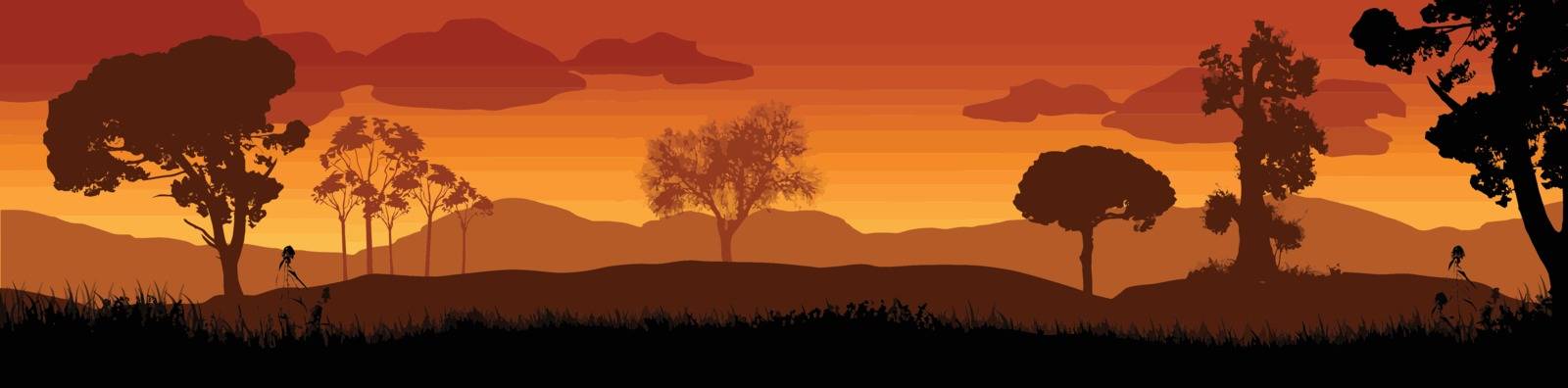 Beautiful sunset in savanna landscape, vector illustration