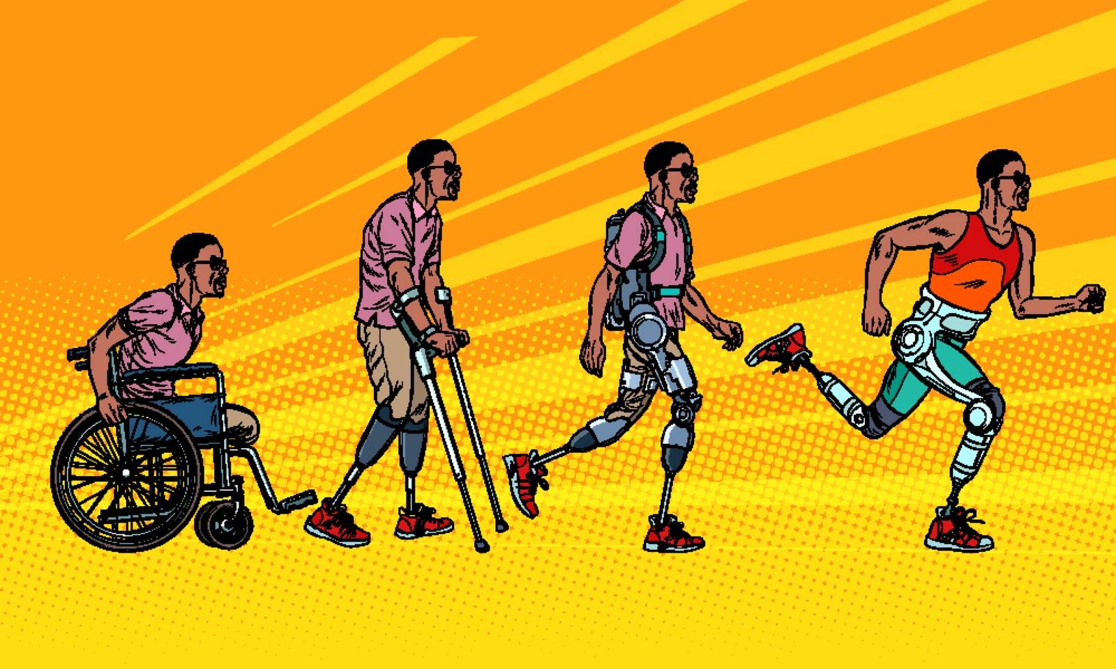 Evolution of rehabilitation. african man leg prosthesis. Pop art retro vector illustration vintage kitsch 60s 50s