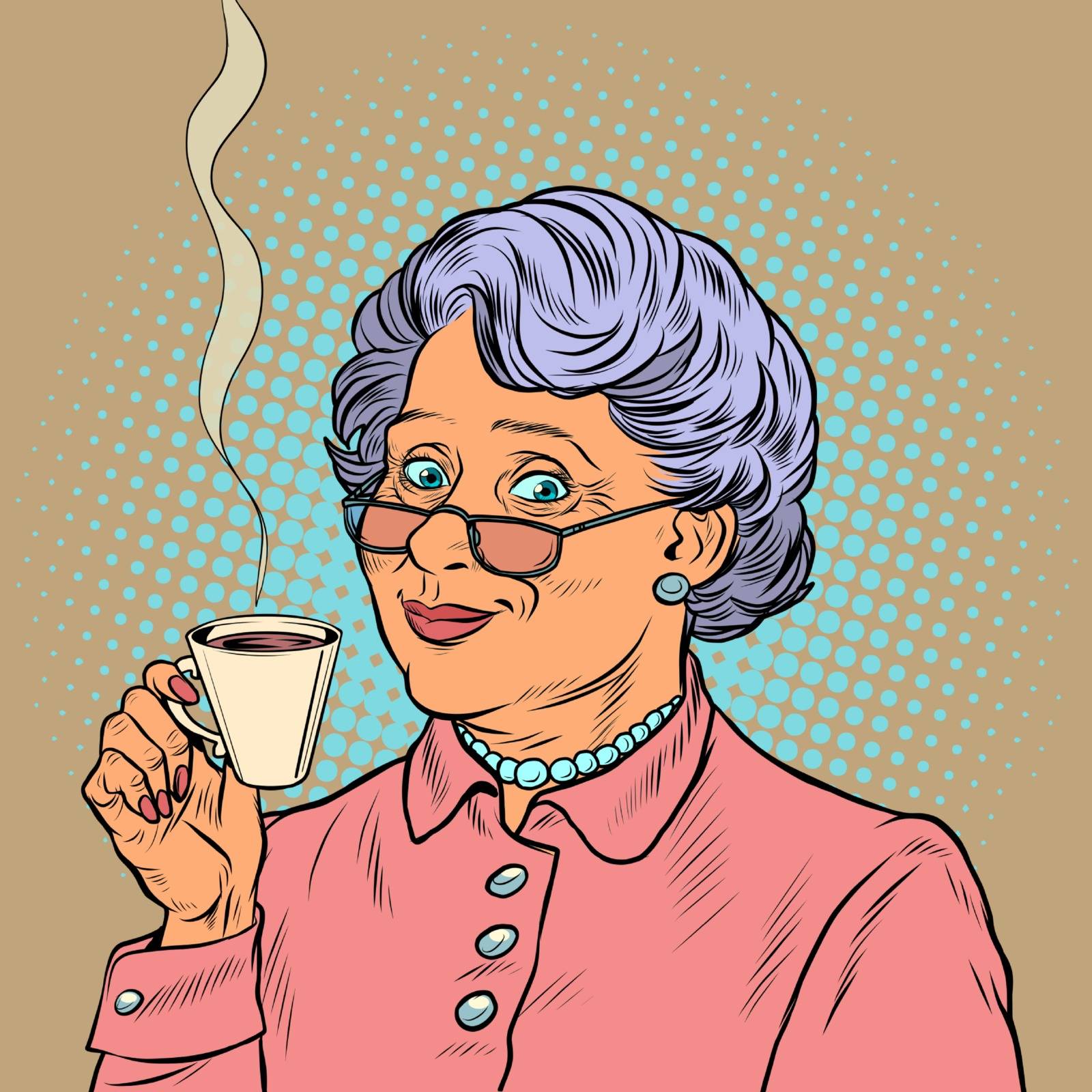 Elderly woman drinking coffee. Pop art retro vector illustration 50s 60s style