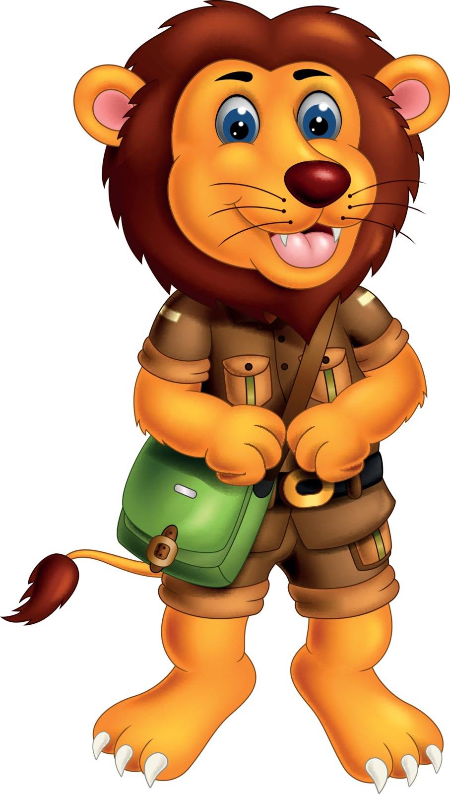 Brown Lion in Brown Uniform With Green Bag Cartoon for your design