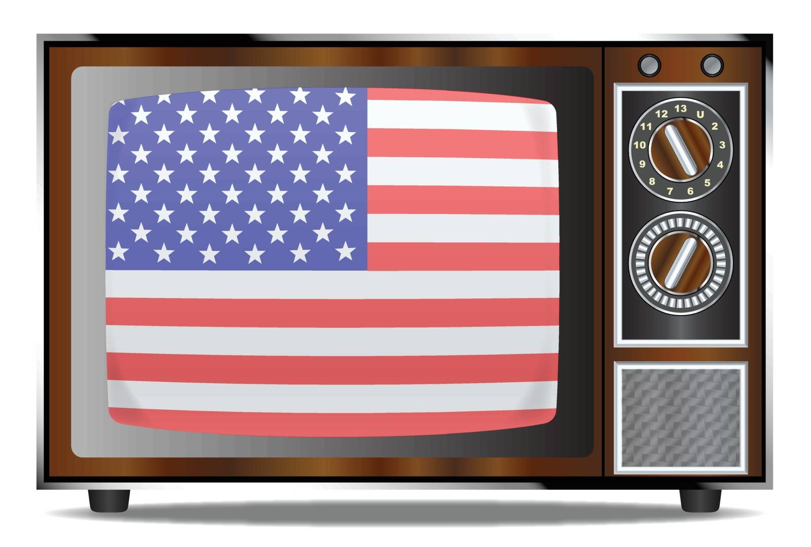 An old wood surround television receiver over a white background with Old Glory