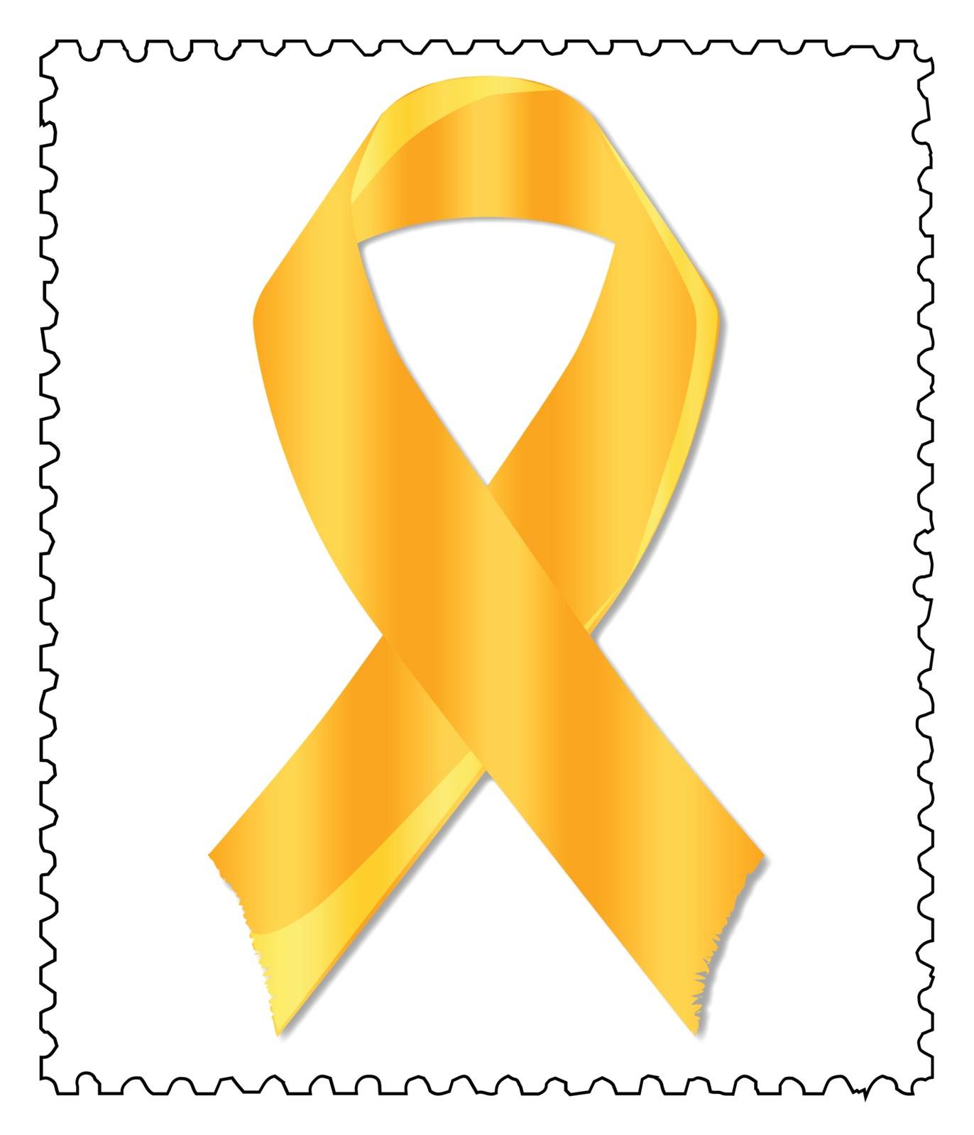 A gold childhood awareness ribbon on a postage stamp isolated on a white background