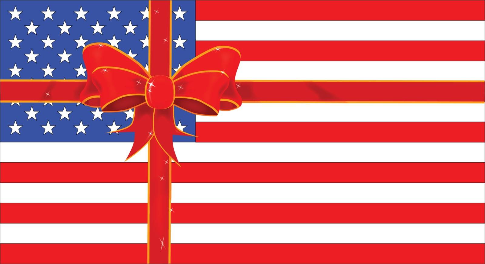 A parcel with red and gold ribbon isolated over a USA flag background.