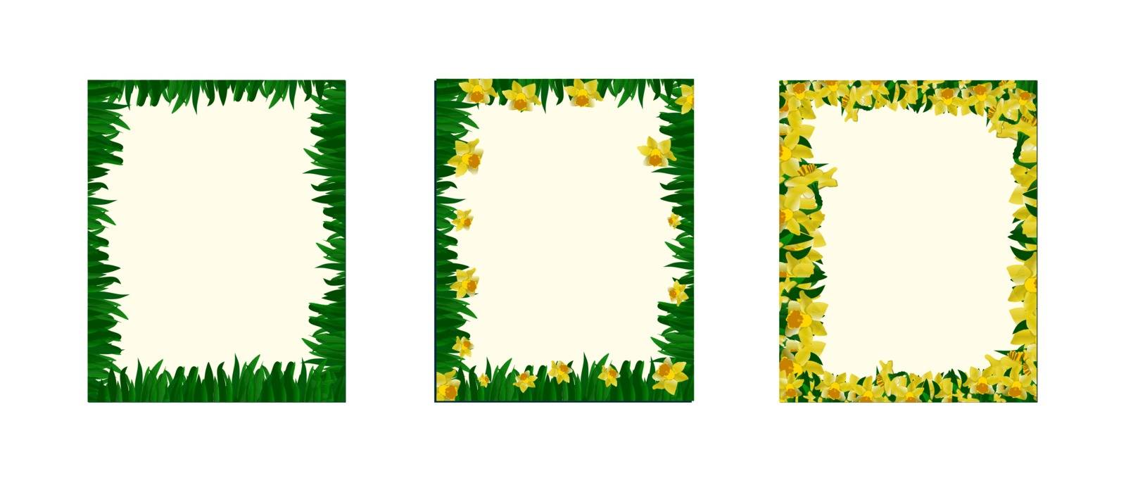 Beautiful set with yellow spring floral frames on white background. Daffodils invitation template. Vector illustration.