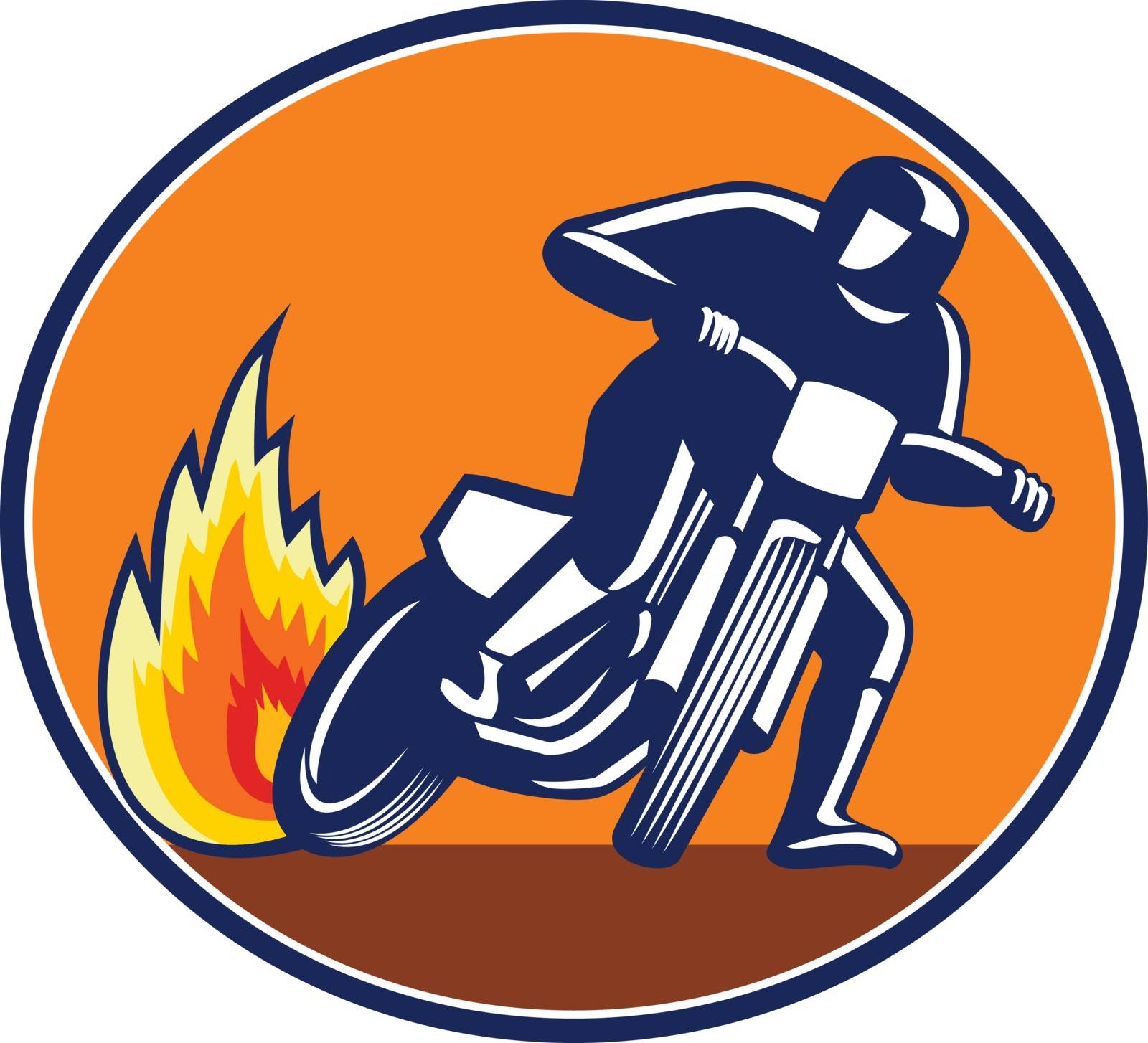Mascot icon illustration of a motorcycle rider riding bike, flat track racing or dirt track racing viewed from front set inside oval shape on isolated background in retro style.