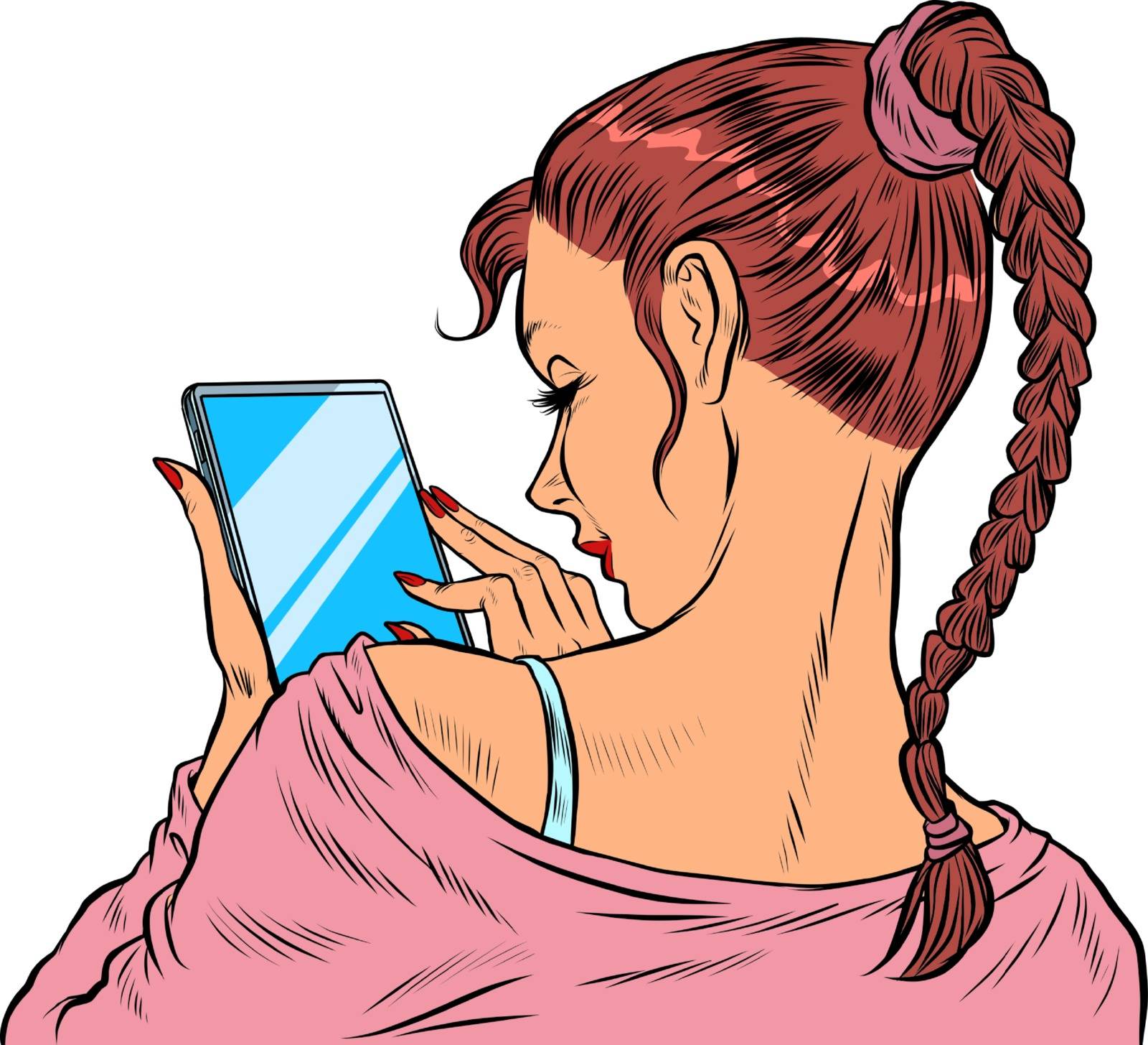 A young woman with a smartphone. Techniques and gadgets. Pop art retro vector illustration 50s 60s style