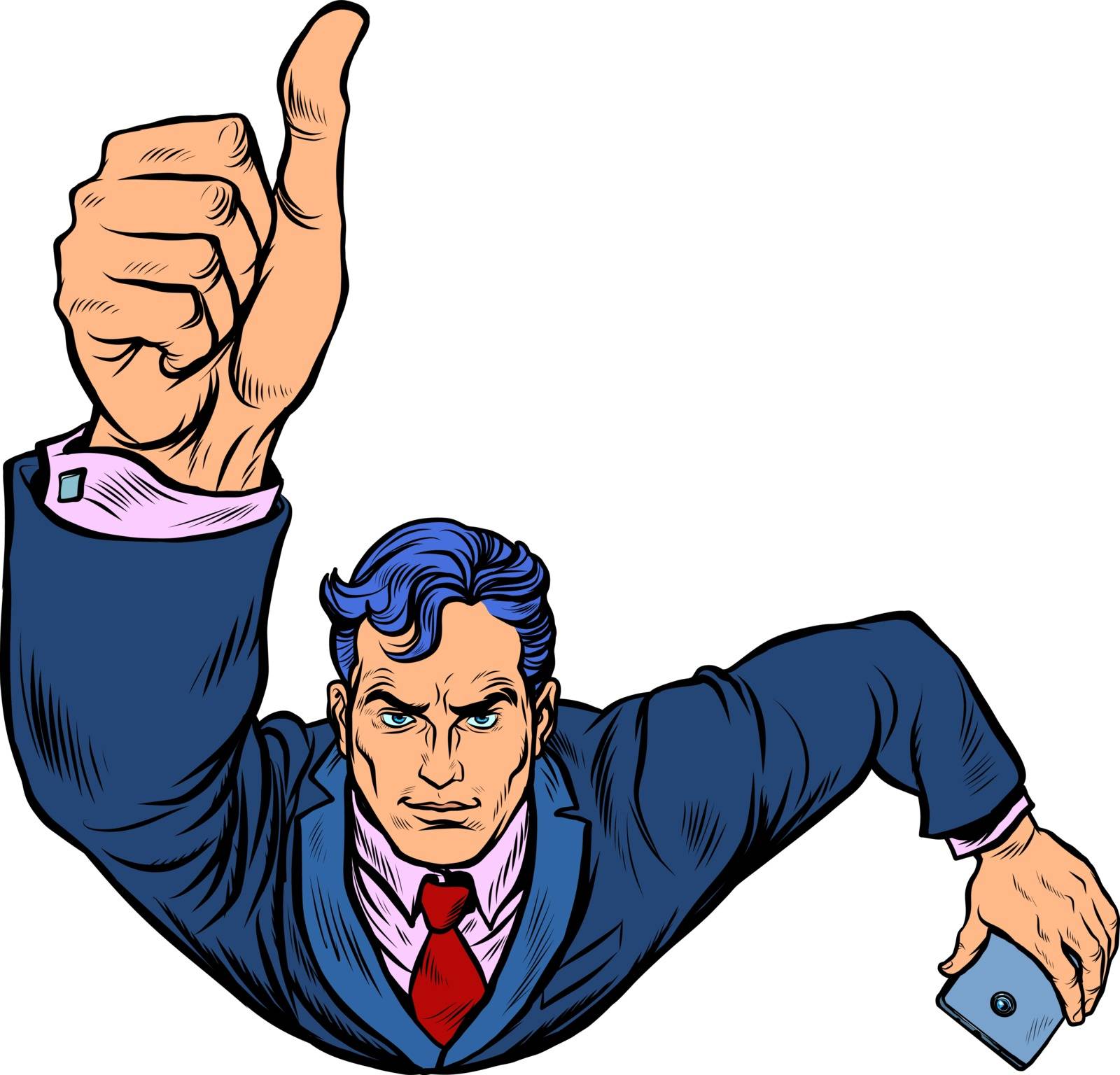 A businessman with a smartphone like, thumbs up. Flying like a superhero. Pop art retro vector illustration 50s 60s style