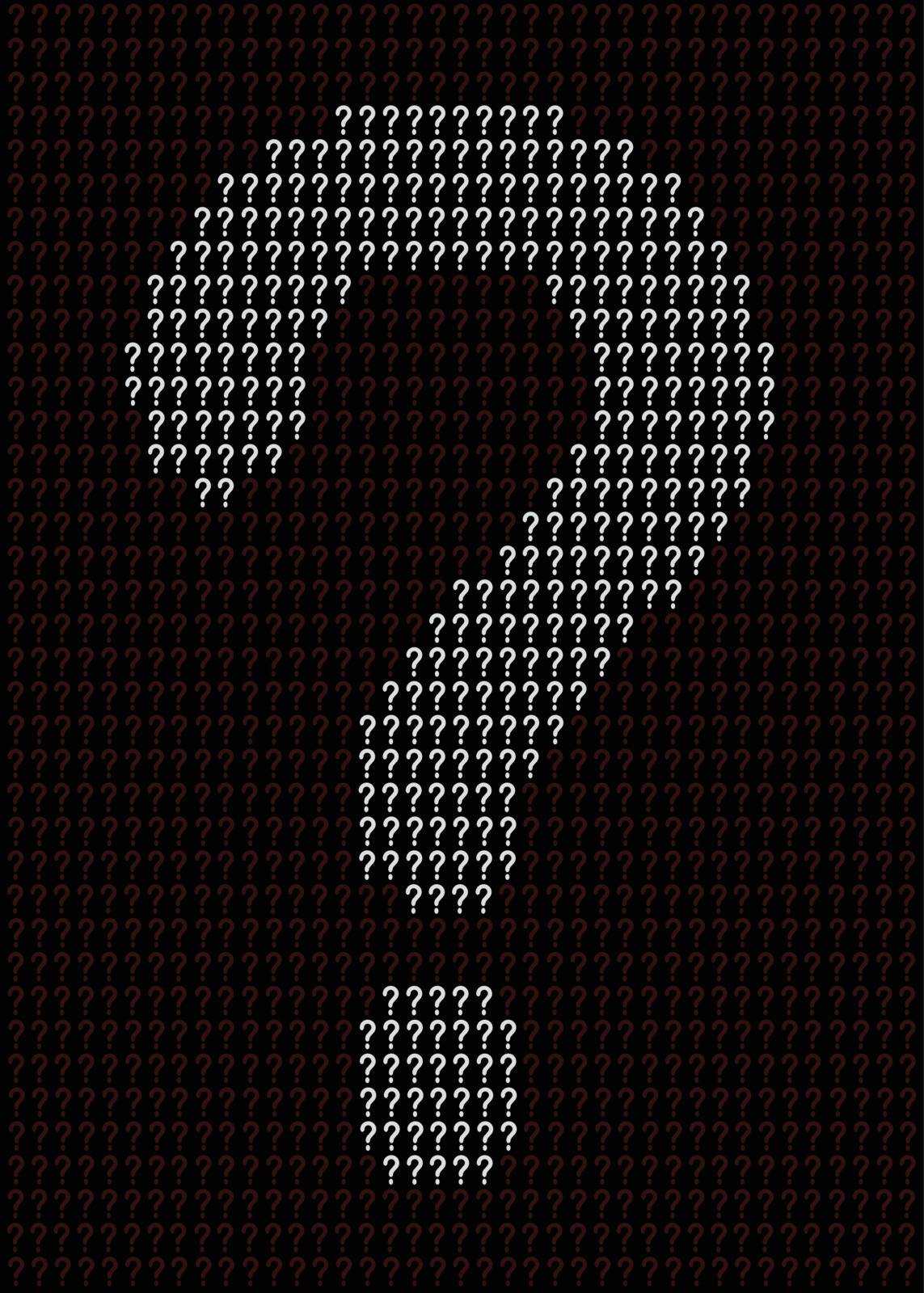 A large question mark made up of several smaller ones as a background