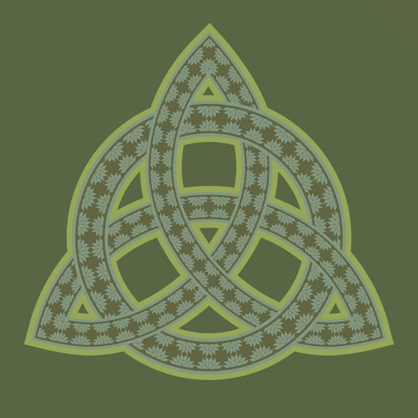 Floral ornamented celtic pagan symbol triquetra on olive green background