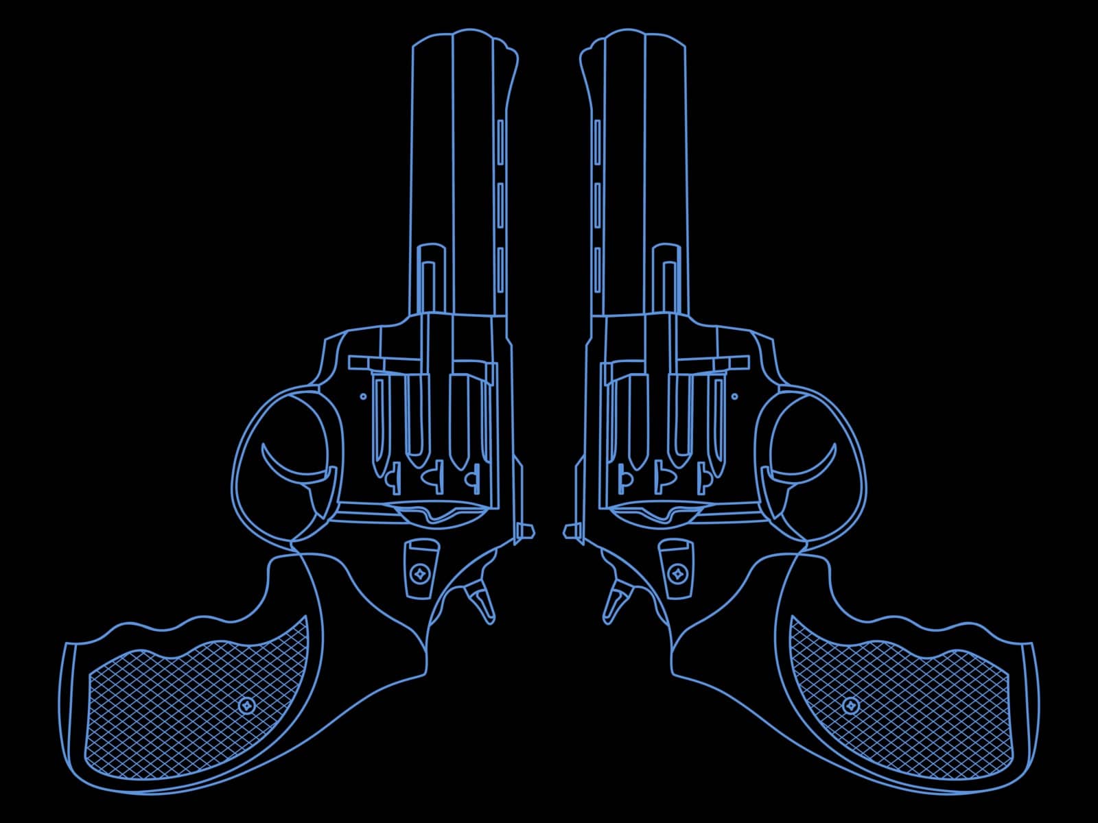 Contour illustration with two symmetric blue revolvers on black background
