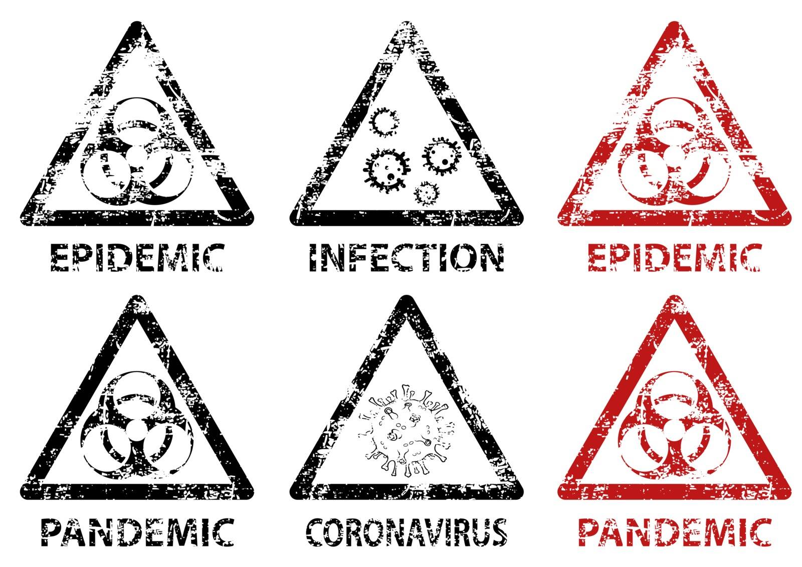 Set of Stamp Epidemic, Pandemic and Infection - Six Stamps with Grunge Effect, Vector Graphic