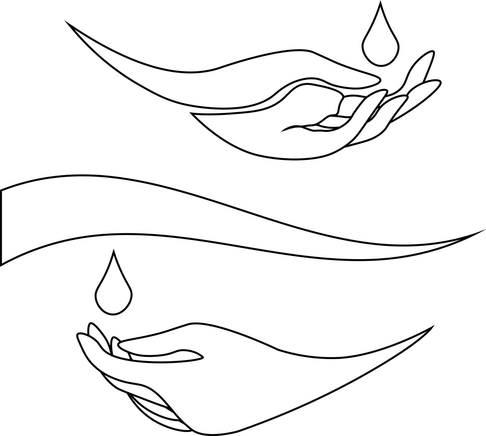 Simple monochrome line art of two hands with water drops