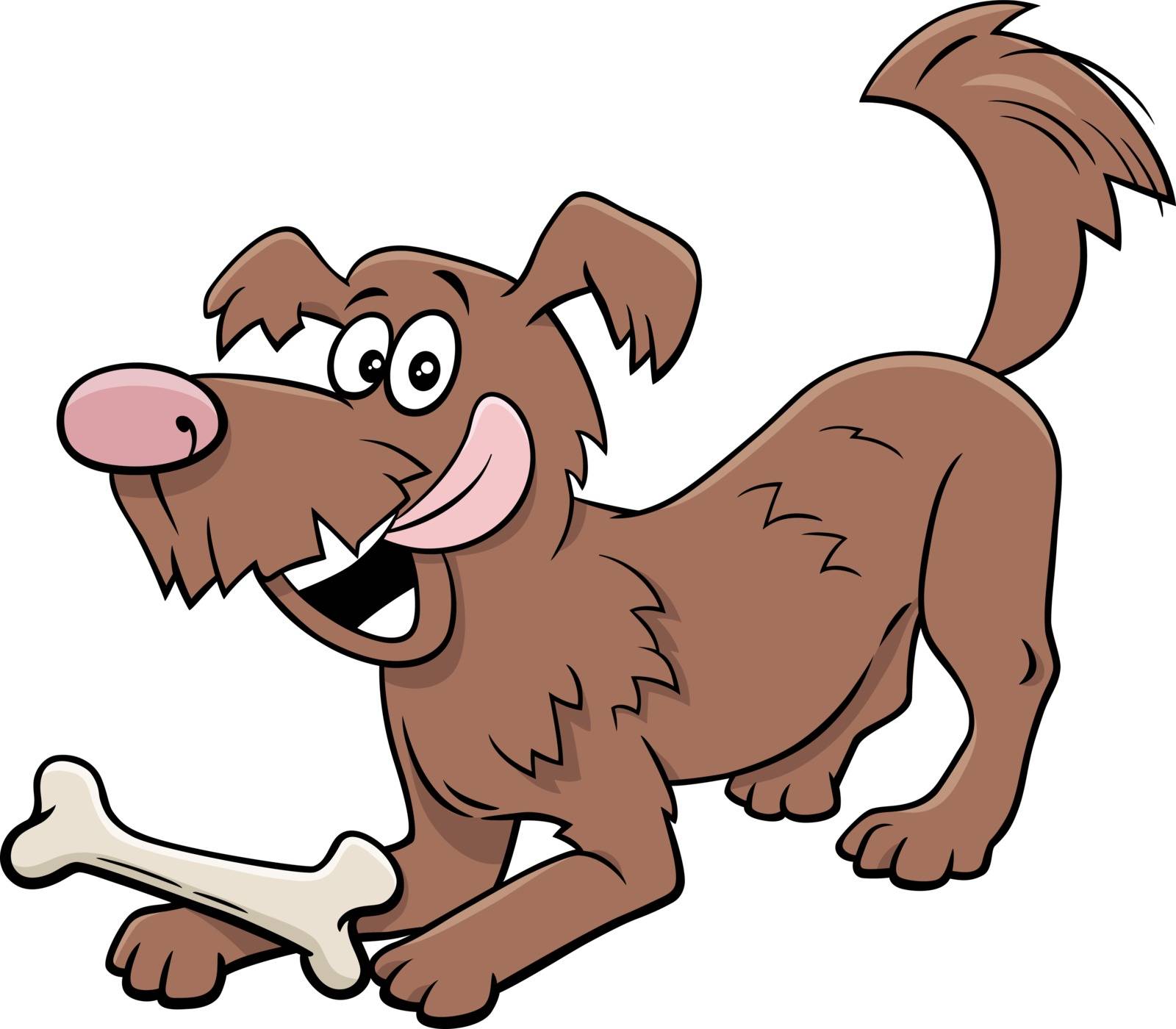 Cartoon Illustration of Happy Playful Dog Comic Animal Character with Bone