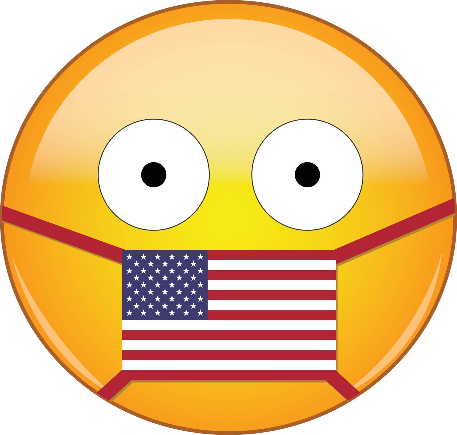 Yellow scared emoji face in American medical mask protecting from SARS, coronavirus, bird flu and other viruses, germs and bacteria and contagious disease as well as toxic smog and air pollution in USA. by Skylark