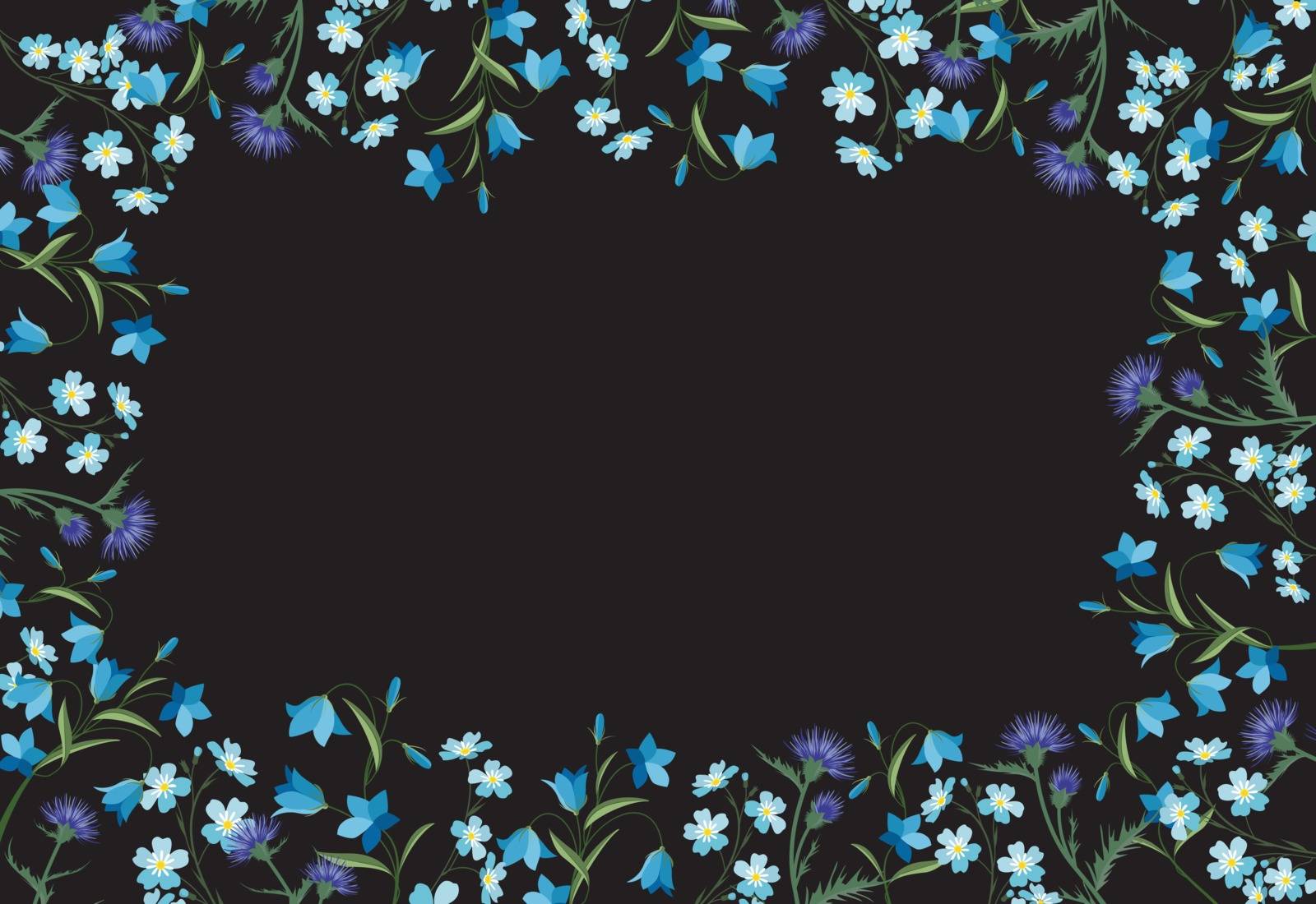 Vector illustration of colorful flowers. Frame floral decorations on a dark background. Nature background