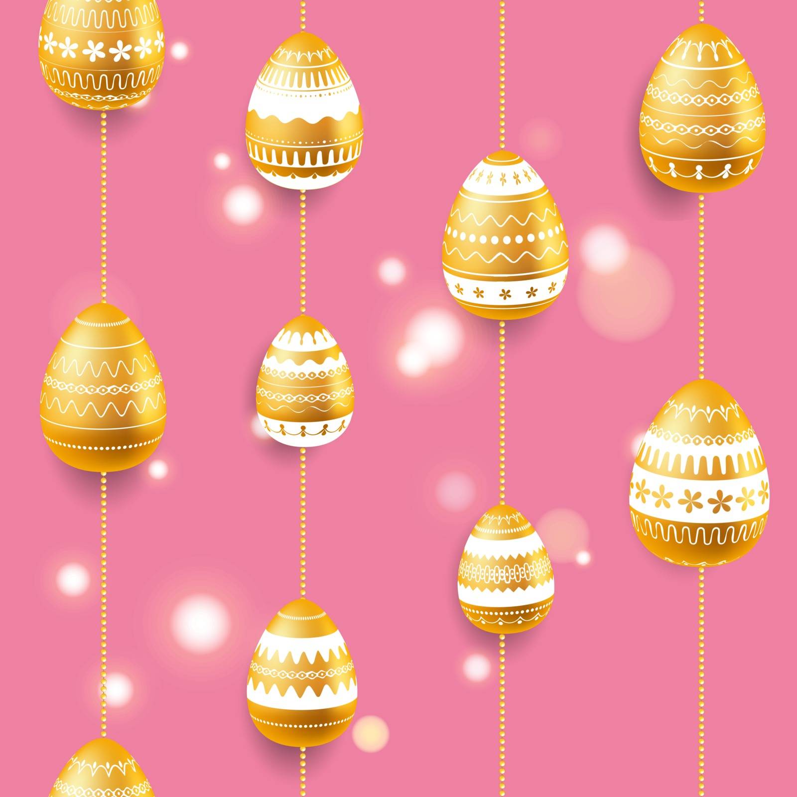 Easter egg. Pattern with realistic Easter eggs. Seamless texture vector illustration with glow effect. Religious holiday background decoration. Golden eggs with white ornaments on pink background. by LittleCuckoo