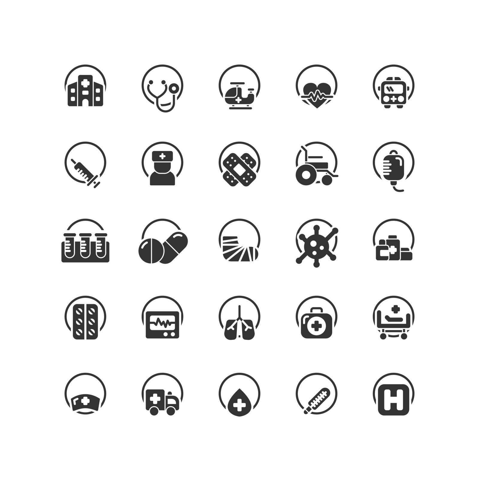 Hospital solid icon set. Vector and Illustration. by doraclub