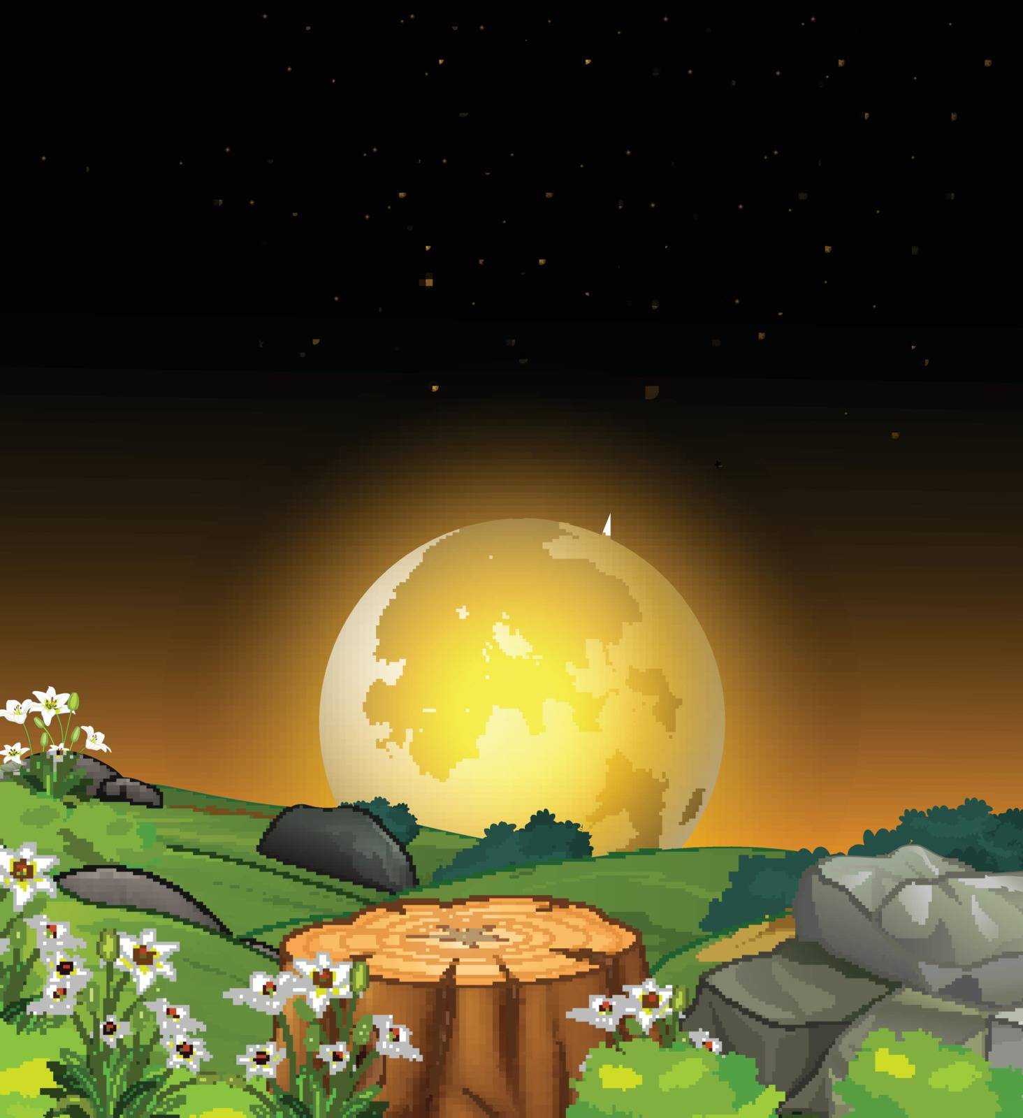 Landscape Grass Field Night View With Full Moonlight and White Ivy Flowers Cartoon
