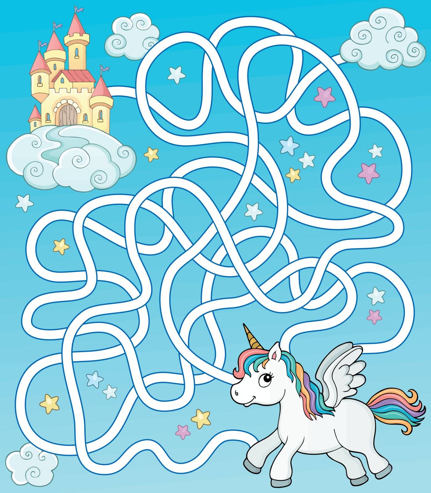 Maze 35 with flying unicorn and castle - eps10 vector illustration.