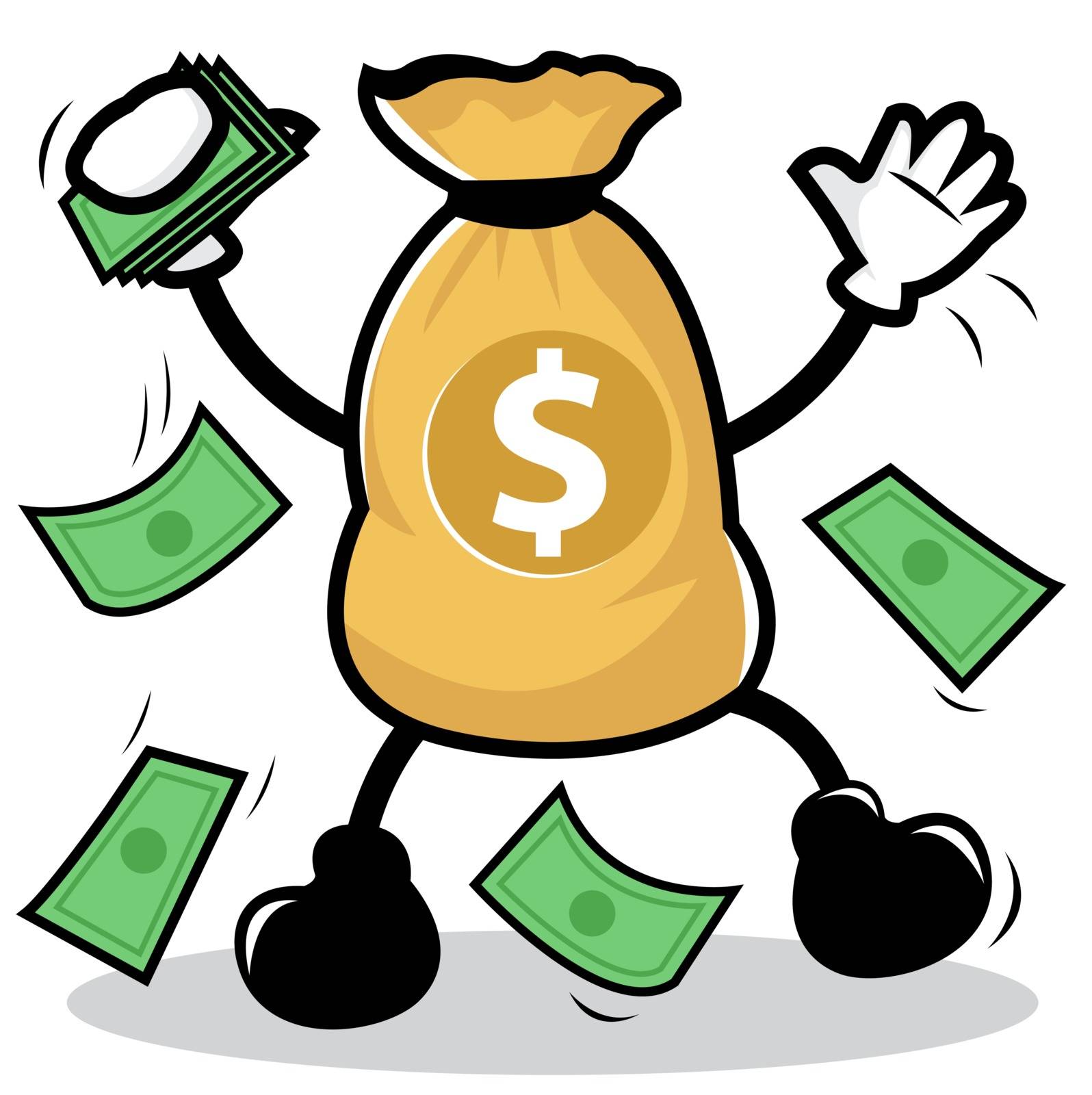 Illustration of Money Bag Character Holding Money on White Background