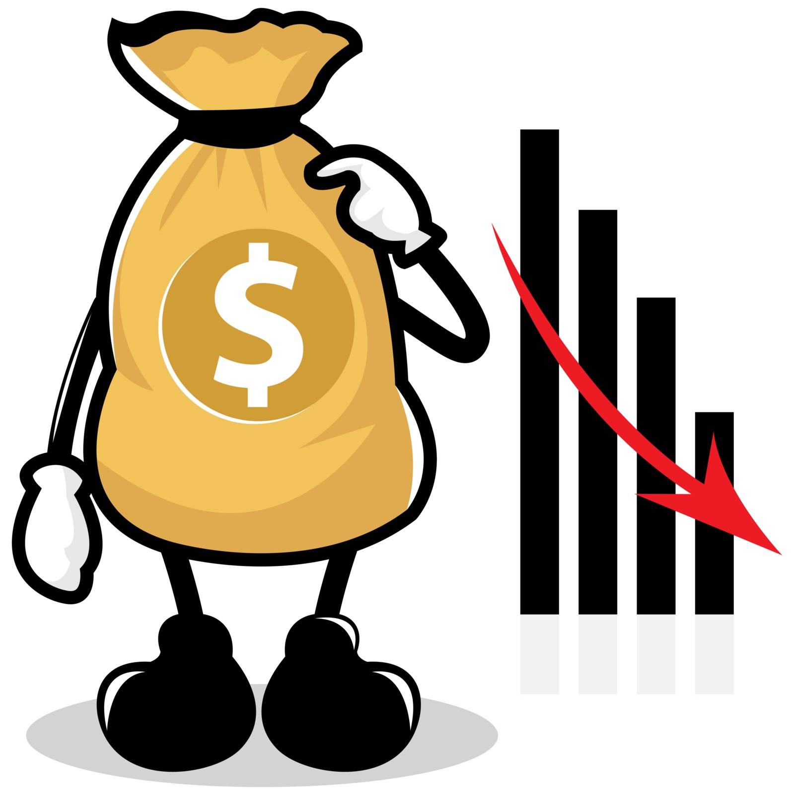 Illustration of Decreased Profits with Money Bag Character on White Background
