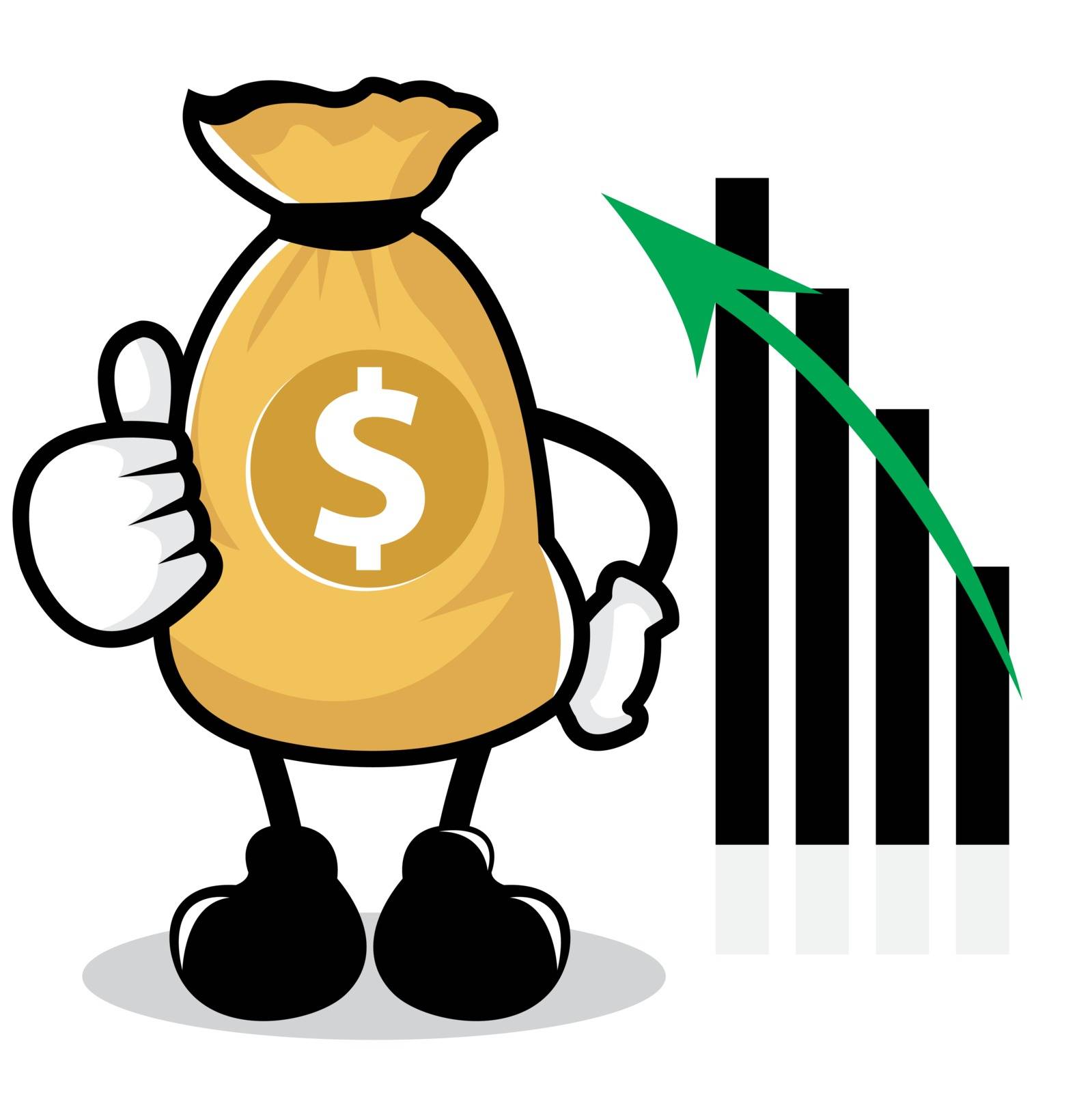 Illustration of Increased Profits with Money Bag Character on White Background