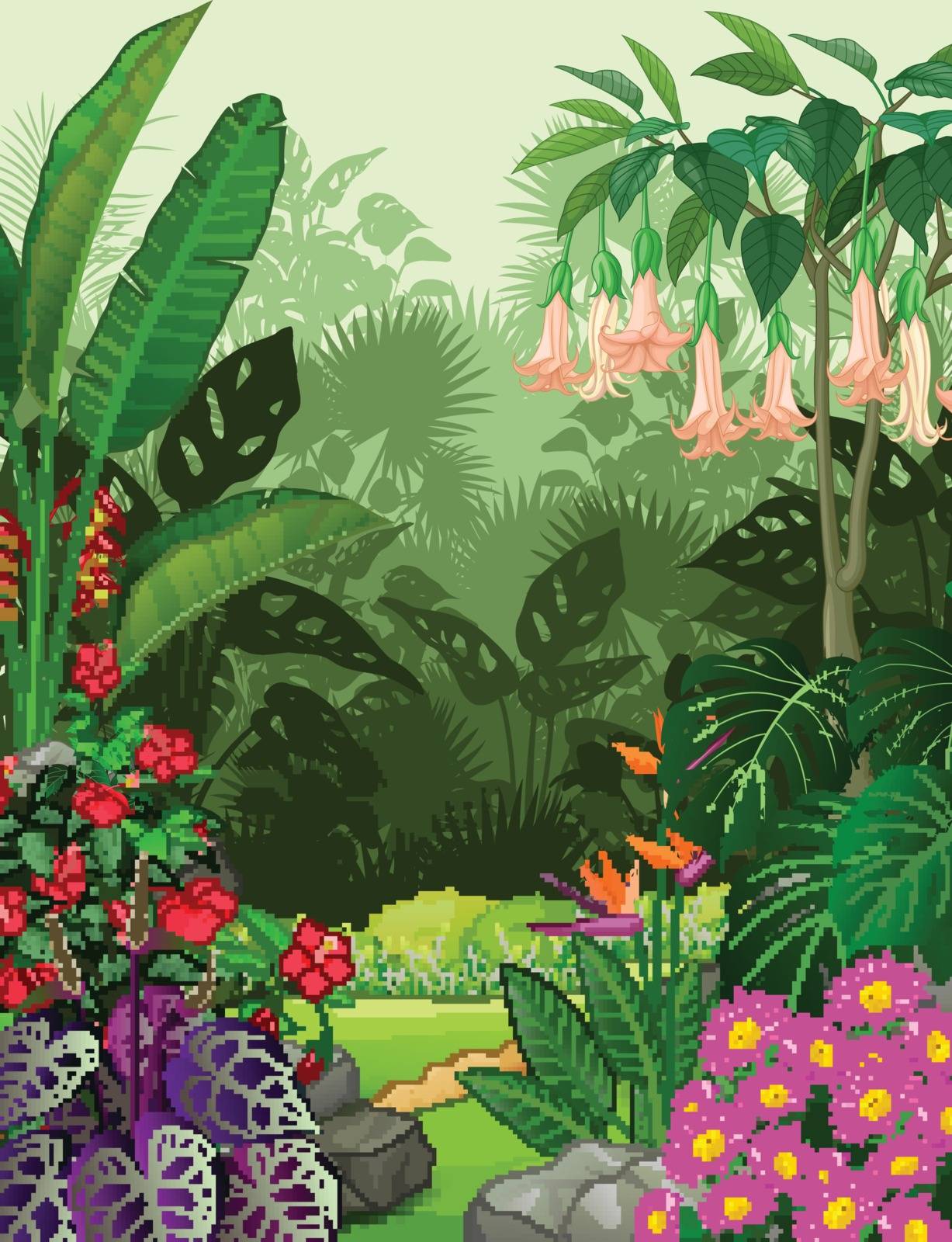Landscape Dense Forest View With Tropical Plants and Flowers Cartoon Vector Illustration