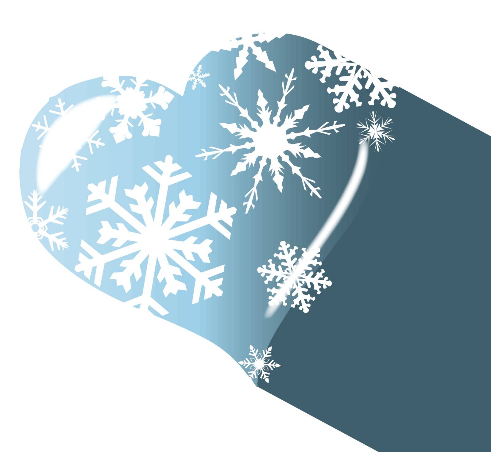 A cold winter heart with snowflakes and shadowover a white background