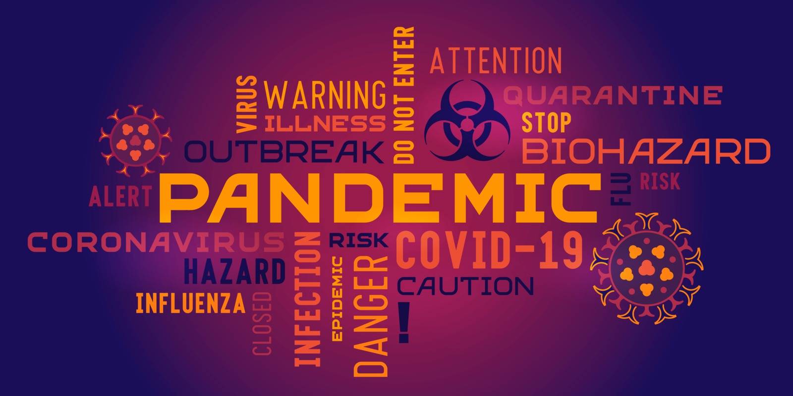Pandemic word tag cloud lettering typography with coronavirus stylized icons. Color keywords on the theme of the fight against coronavirus infection.