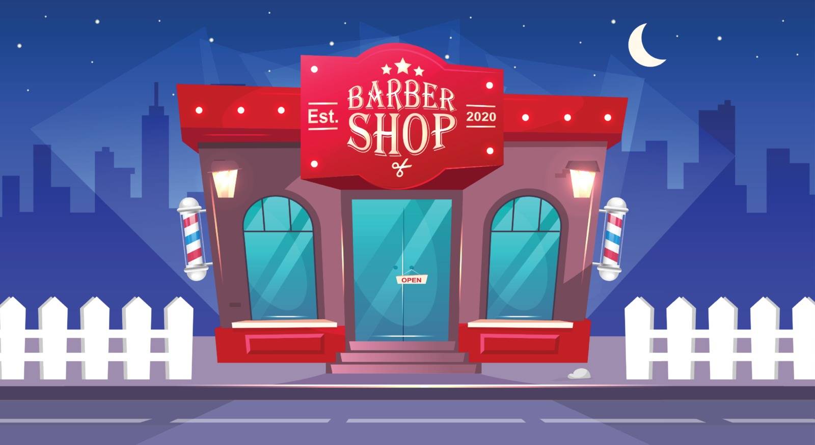Barbershop front at night flat color vector illustration. Hairdresser store entrance. Barber shop brick building exterior. Nighttime 2D cartoon cityscape with sidewalk on background