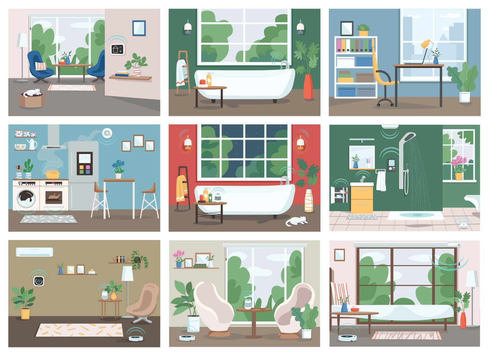 Smart home flat color vector illustrations set. Automated kitchen, bathroom and living room 2D cartoon interior. Internet of things, technologies in everyday life. Intelligent domestic appliances by ntl