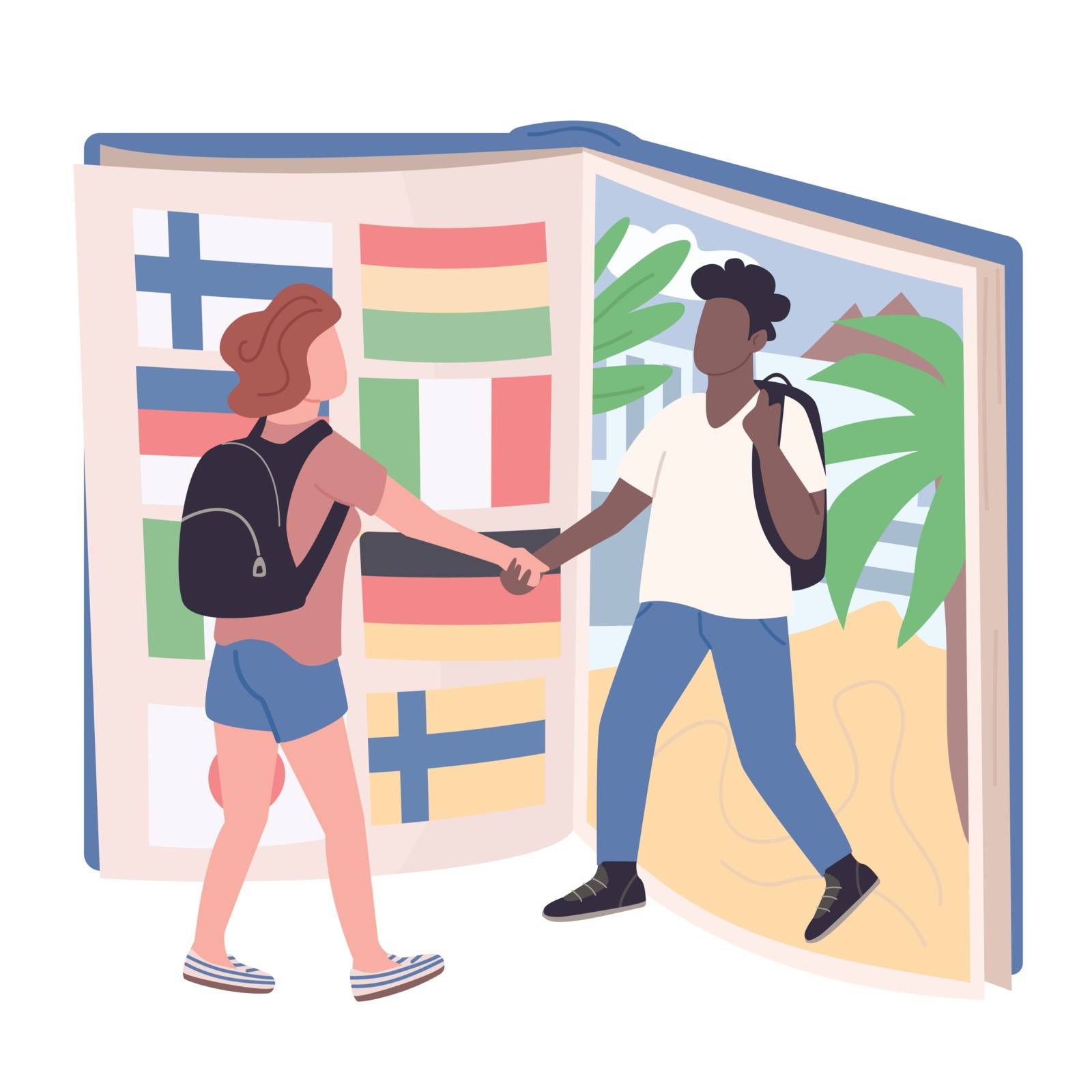Student exchange program flat concept vector illustration. Caucasian girl and african american boy, university pupils 2D cartoon characters for web design. Education abroad experience creative idea by ntl