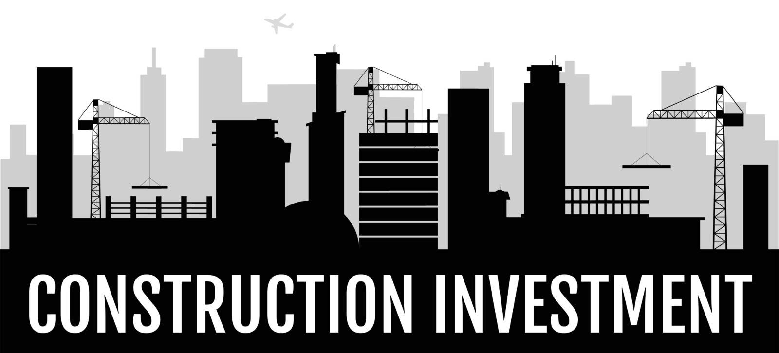 Construction investment black silhouette banner vector template. Urban development, building company horizontal poster monochrome design. Construction site 2d cartoon shape with typography