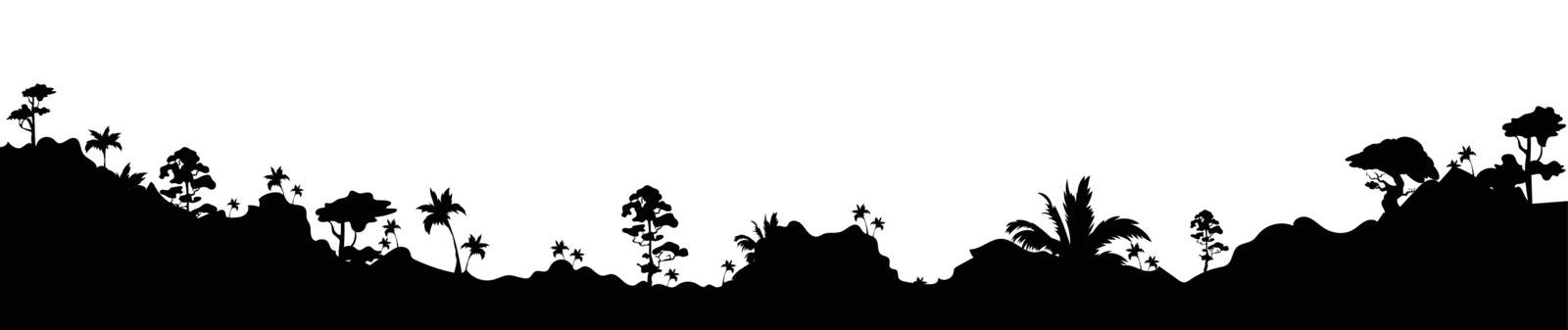 Jungle black silhouette vector illustration. Panoramic valley with trees and bushes. Subtropical meadow foliage with hills. Exotic monochrome landscape. Tropical rainforest 2d cartoon shape by ntl